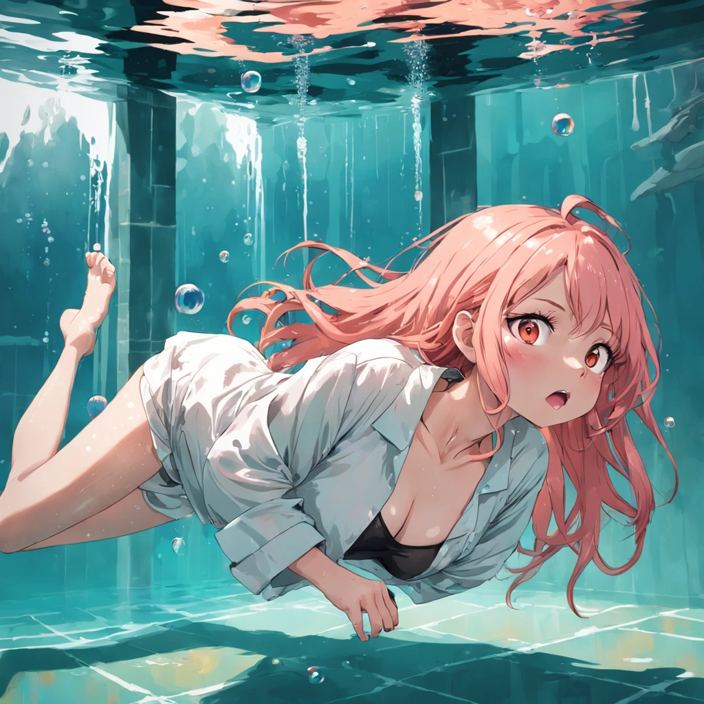 (best quality, masterpiece:1.5), a woman with (orange skin:1.5) and big black square glasses and long flowing pink hair, wearing a plain green pyjama shirt and white baggy pyjama pants, barefoot, laying down on her belly completely submerged underwater at the bottom of a swimming pool, (holding her breath, puffy round face cheeks:1.5), bubbles coming off of her clothes