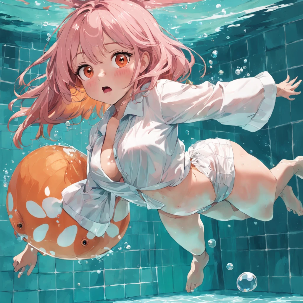 (best quality, masterpiece:1.5), a woman with (orange skin:1.5) and big black square glasses and long flowing pink hair, wearing a plain green pyjama shirt and white baggy pyjama pants, barefoot, laying down on her belly completely submerged underwater at the bottom of a swimming pool, (holding her breath, puffy round face cheeks:1.5), bubbles coming off of her clothes