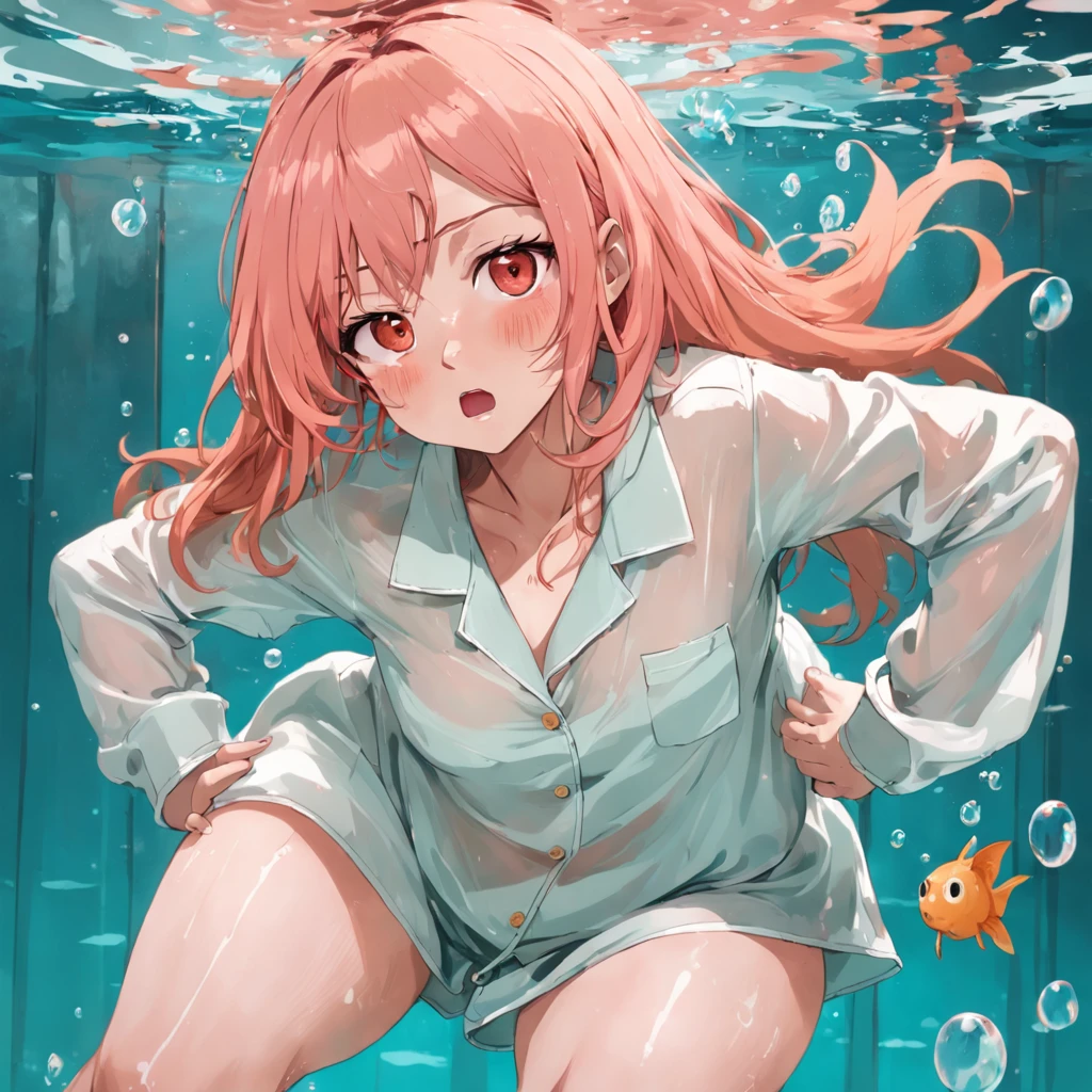 (best quality, masterpiece:1.5), a woman with (orange skin:1.5) and big black square glasses and long flowing pink hair, wearing a plain green pyjama shirt and white baggy pyjama pants, barefoot, laying down on her belly completely submerged underwater at the bottom of a swimming pool, (holding her breath, puffy round face cheeks:1.5), bubbles coming off of her clothes