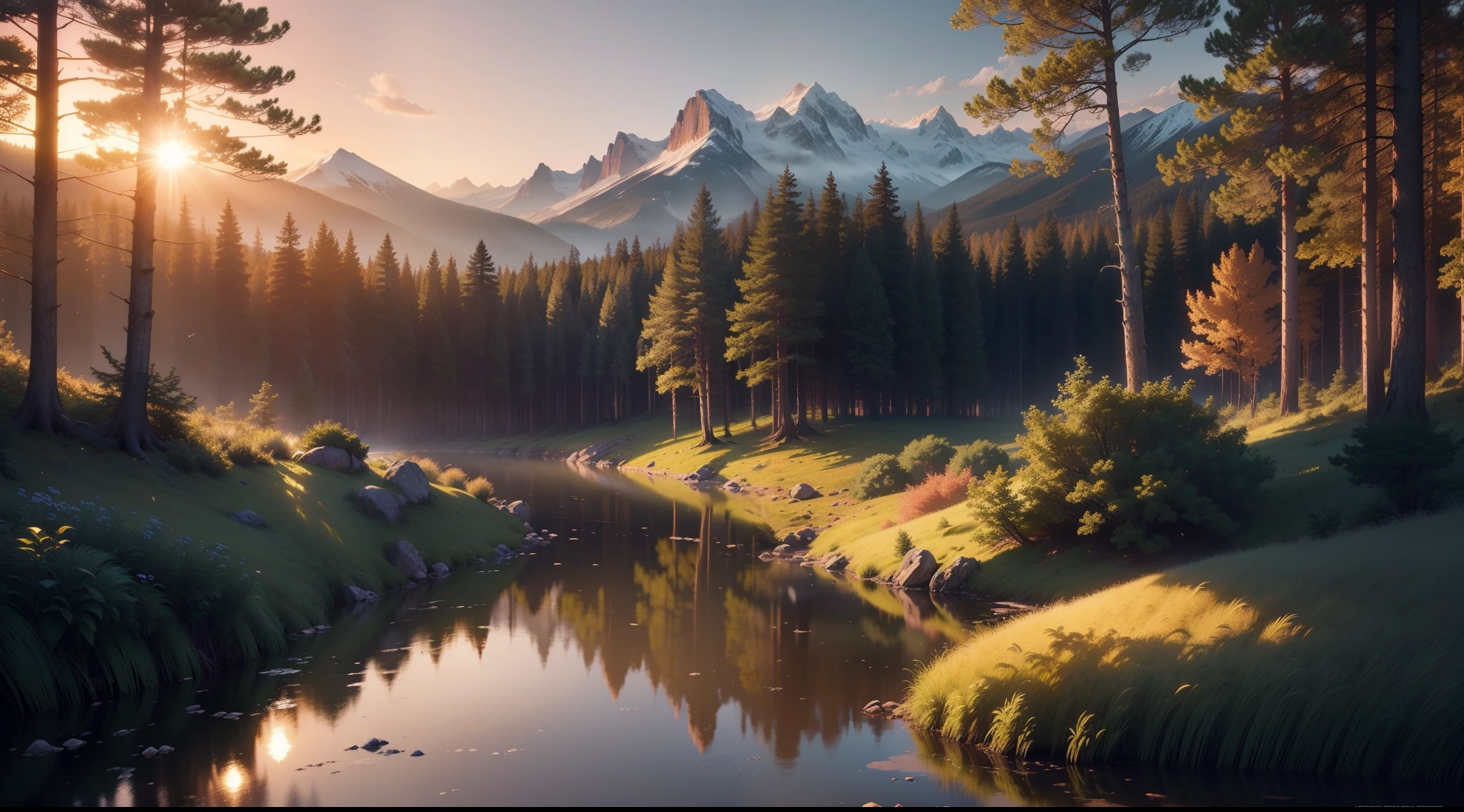 landscapes、the woods、Eau、the setting sun、(the Extremely Detailed CG Unity 8K Wallpapers)、most beautiful artwork in the world、with an intricate、High Detail、foco nítido、Dramatic and photorealistic pictorial art