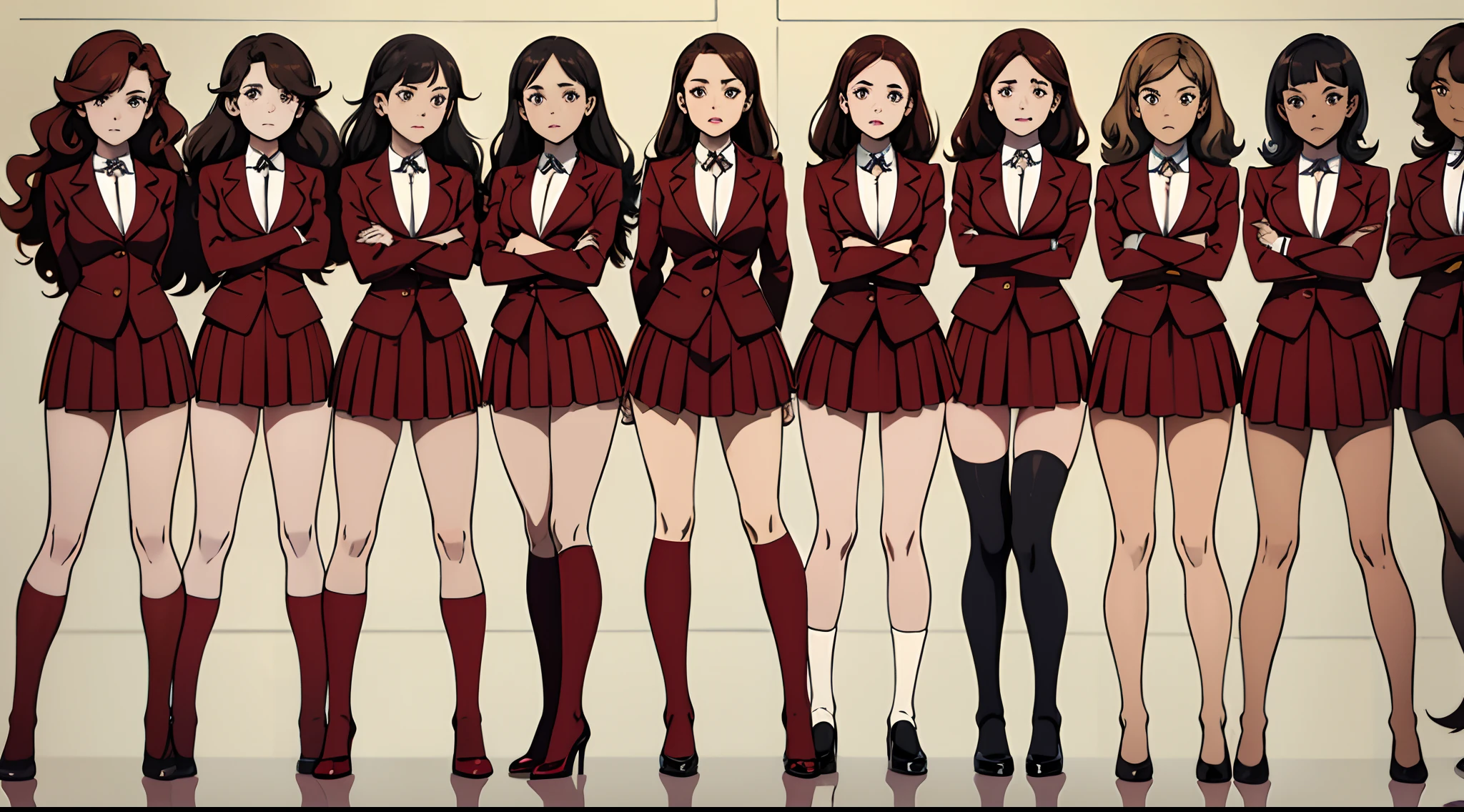 (comic panel), (masterpiece, high quality, best quality), brown hair, curly hair, hazel eyes, red sexy skirt suits, red blazers, red pencil skirts, bare legs, black high heels, (thousands of, millions of, crowd of), identical girls, crowd shot, identical sisters, clones, (matching hairstyles, matching outfits, matching faces), (crowded, filled with clones), in straight lines, in perfect formation, same pose, straight arms, arms on sides, factory, (full body)
