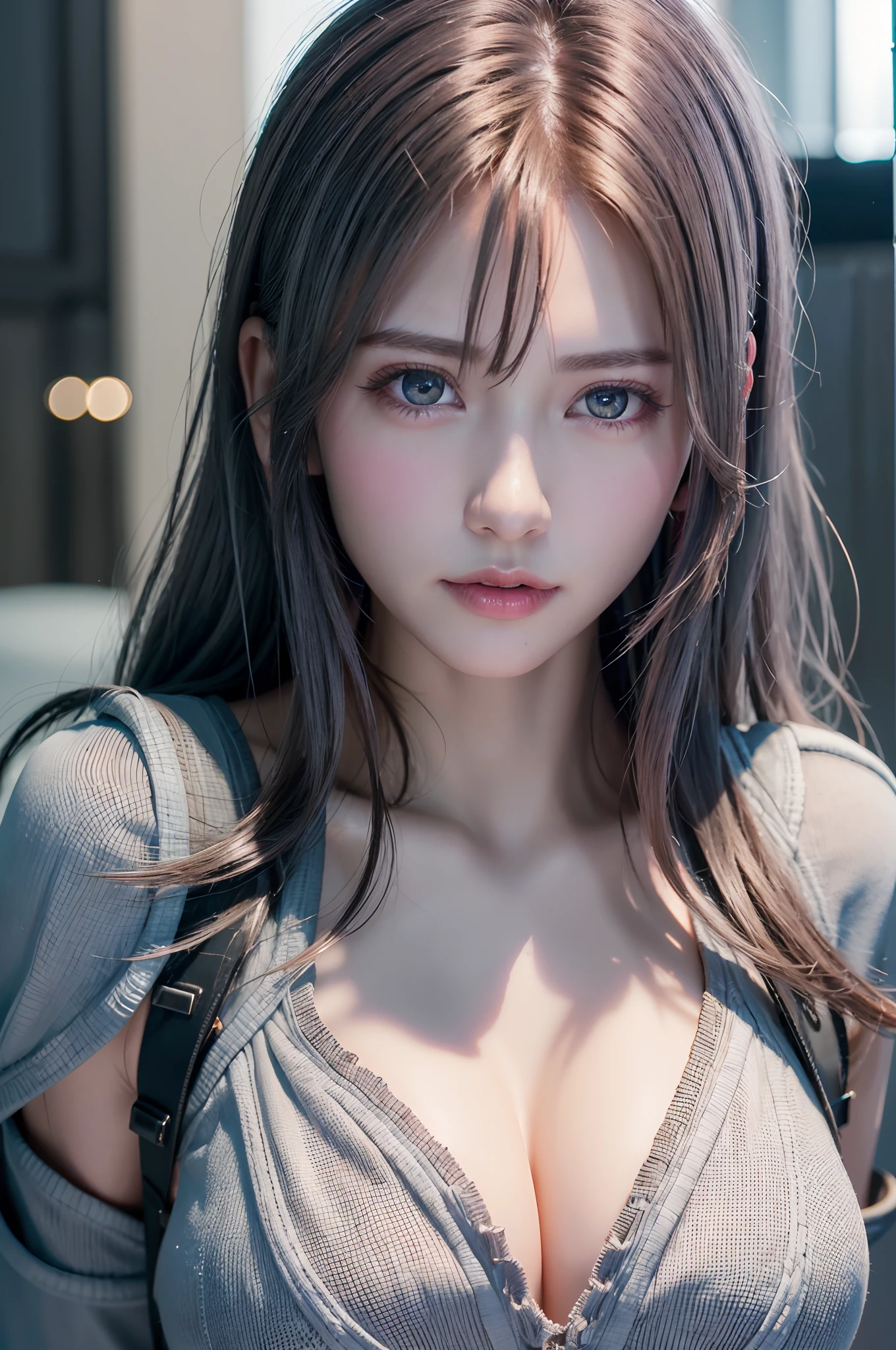 top-quality、8K Masterpiece、超A high resolution、(Photorealsitic:1.3)、Raw photo、1人、silver white hair、glowy skin、1 Cyberpunk Super Beautiful Soldier、((super realistic details))、portlate、globalillumination、Shadow、octan render、8K、ultrasharp、beauty breast、Raw skin is exposed in cleavage、metals、cold color、、highly intricate detail、Realistic light、CGSoation Trends、Beautiful eyes、radiant eyes、Facing the camera、neon details、
