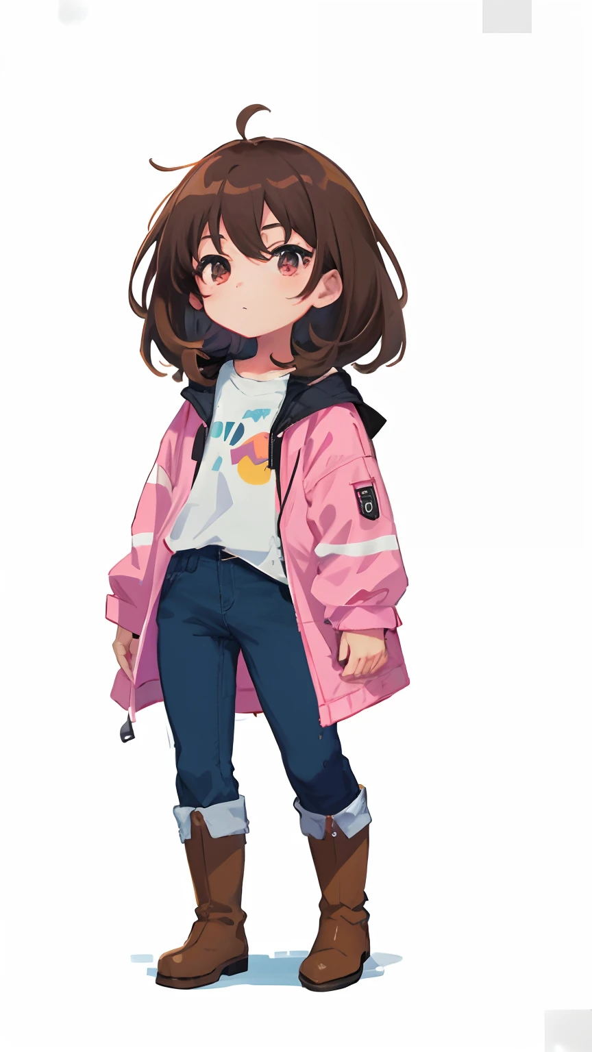 with brown eye，Anime girl in pink jacket and blue jeans with brown boots, lovely art style