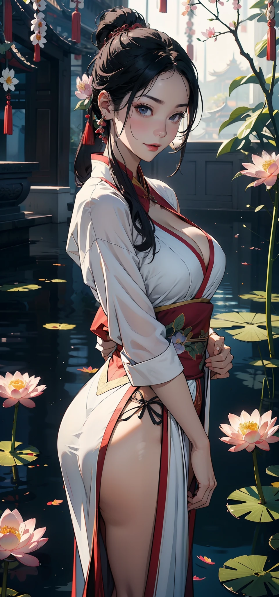 chinese paintings,Gongbi drawing style,ink,legends,Purple background,deep Purple,Dark tones,Pink big breasts,lotuses,foreground,lotus flower,Green bamboo vista,(snow landscape),((Ancient Chinese red Hanfu beauty standing in a sea of flowers smiling)),Melon seed face,Willow eyebrows,Cherry small mouth,(Black eyes),Gentle atmosphere,closeup cleavage,Perfect facial features,(The hair is meticulously depicted),(The face is carefully depicted),Works of masters,(The flowers are carefully depicted),super-fine,high qulity,A high resolution,The composition is perfect,((tmasterpiece))Bigchest,Big breasts Thin waist,long leges,Buttock augmentation,Raised sexy,Bare ,Bare breasts,China Princess(Wearing:white hanfu)