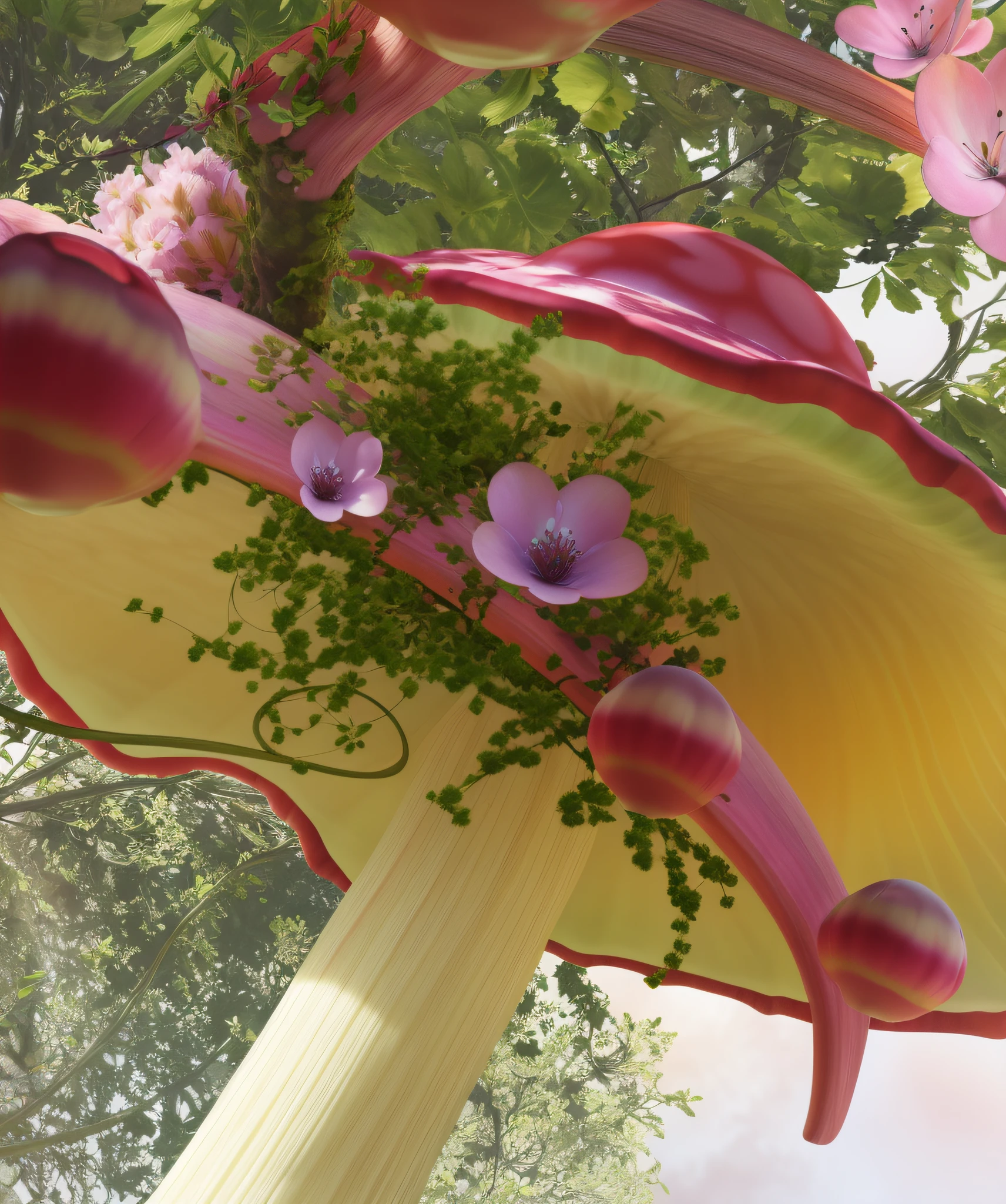 There is a large mushroom，There are flowers growing on it, fairy fruit. rendering by octane, fantasy magical vegetation, fanciful floral mandelbulb, 3d magical details, beautiful render of a fairytale, mandelbulb flowers and trees, detail render, Realistic fantasy rendering, floral environment, fantasia 3 d render, art nouveau octane render, stylized as a 3d render