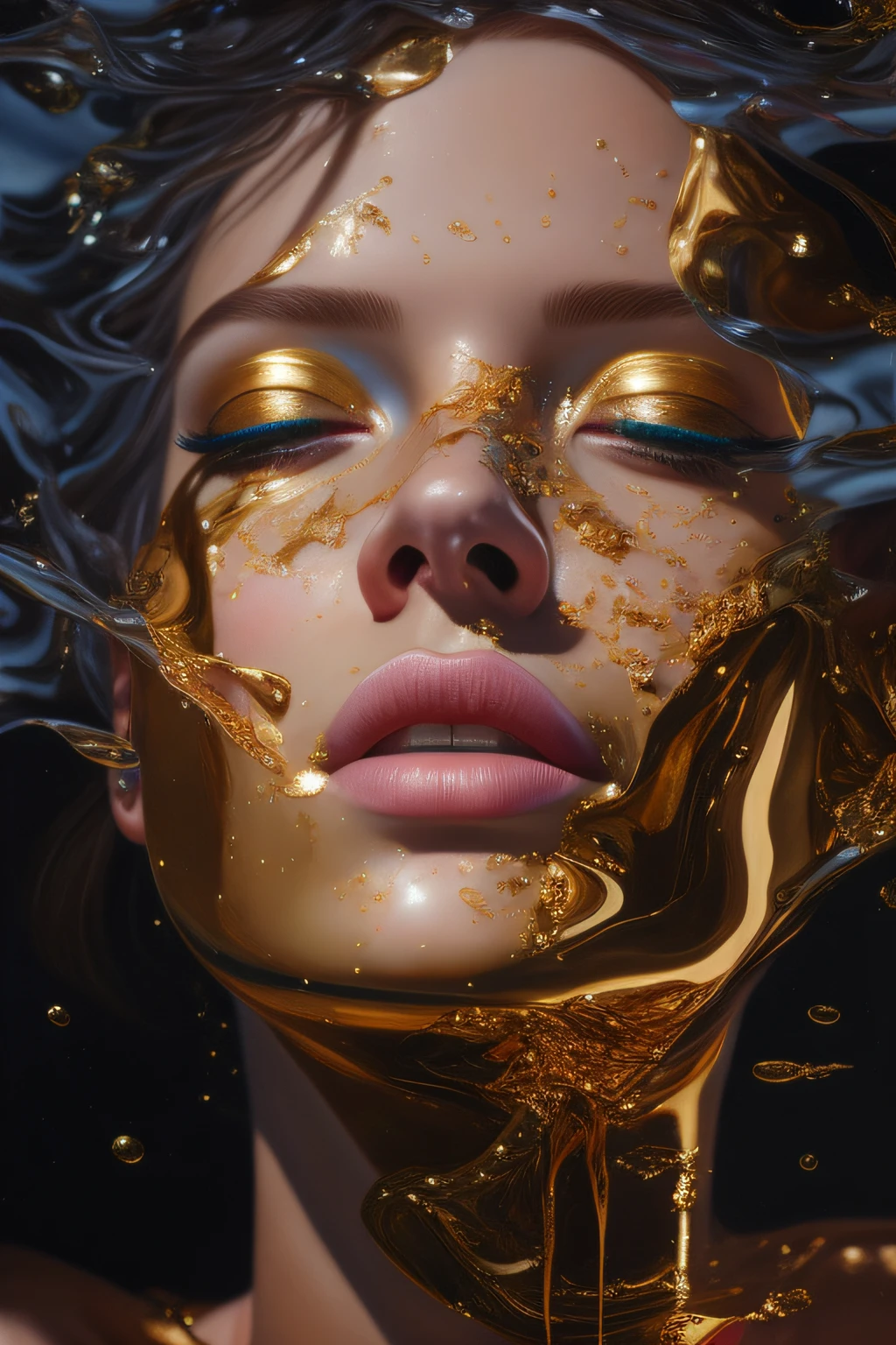 Imagem de uma mulher com os olhos fechados e o rosto coberto de tinta dourada, Draped in shiny golden oil, hyper real oil painting, ultra realistic oil painting, hyperrealistic oil painting, hyper - realistic oil painting, hyperrealistic oil painting, Beautiful acrylic fluid portrait, pintura digital hiper-realista, ultrarealism oil painting, hyperrealistic oil painting