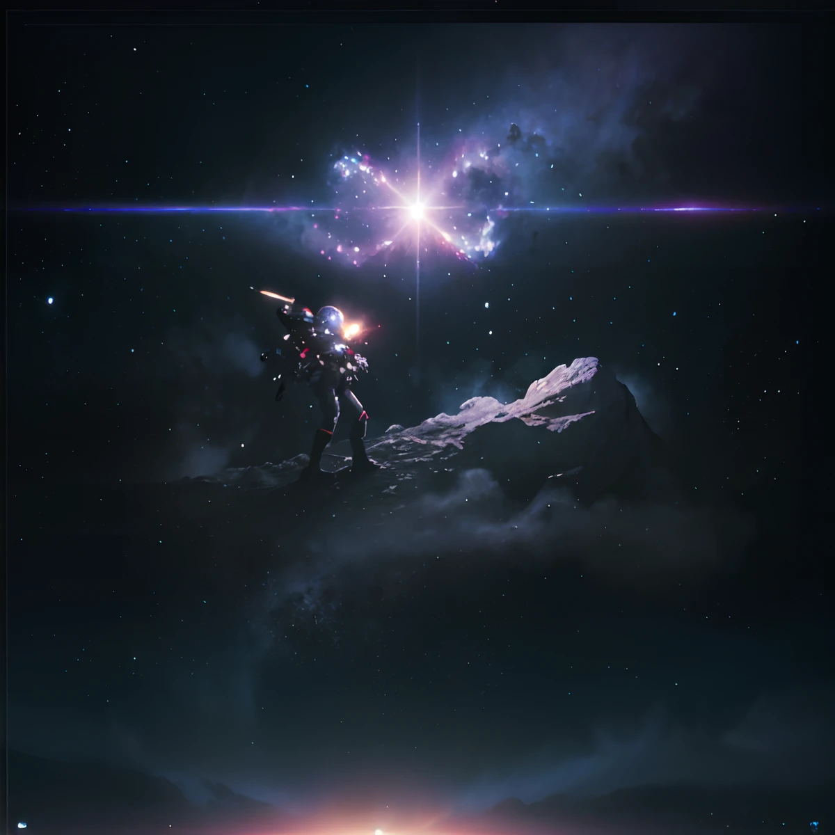(masterpiece、top-quality、top-quality、Official art、ighly detailed、Beautifully Aesthetic:1.2)、(1girl in),cosmic space、cyberpunked、Future Space Combat Suits、((nebulas))、Delicate Light、Intuitive、Precise focus、cinema4d、Dramatic、