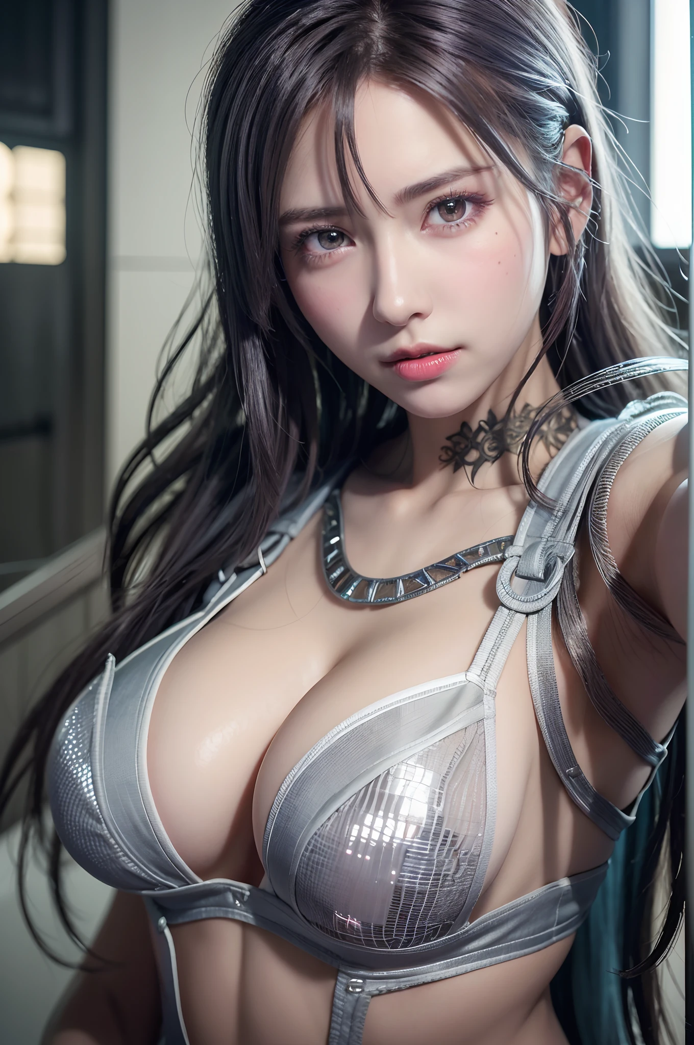 top-quality、8K Masterpiece、超A high resolution、(Photorealsitic:1.3)、Raw photo、女の子1人、silver white hair、glowy skin、1 Cyberpunk Super Beautiful Soldier、((super realistic details))、portlate、globalillumination、Shadow、octan render、8K、ultrasharp、beauty breast、Raw skin is exposed in cleavage、metals、cold color、、highly intricate detail、Realistic light、CGSoation Trends、Beautiful eyes、radiant eyes、Facing the camera、neon details、