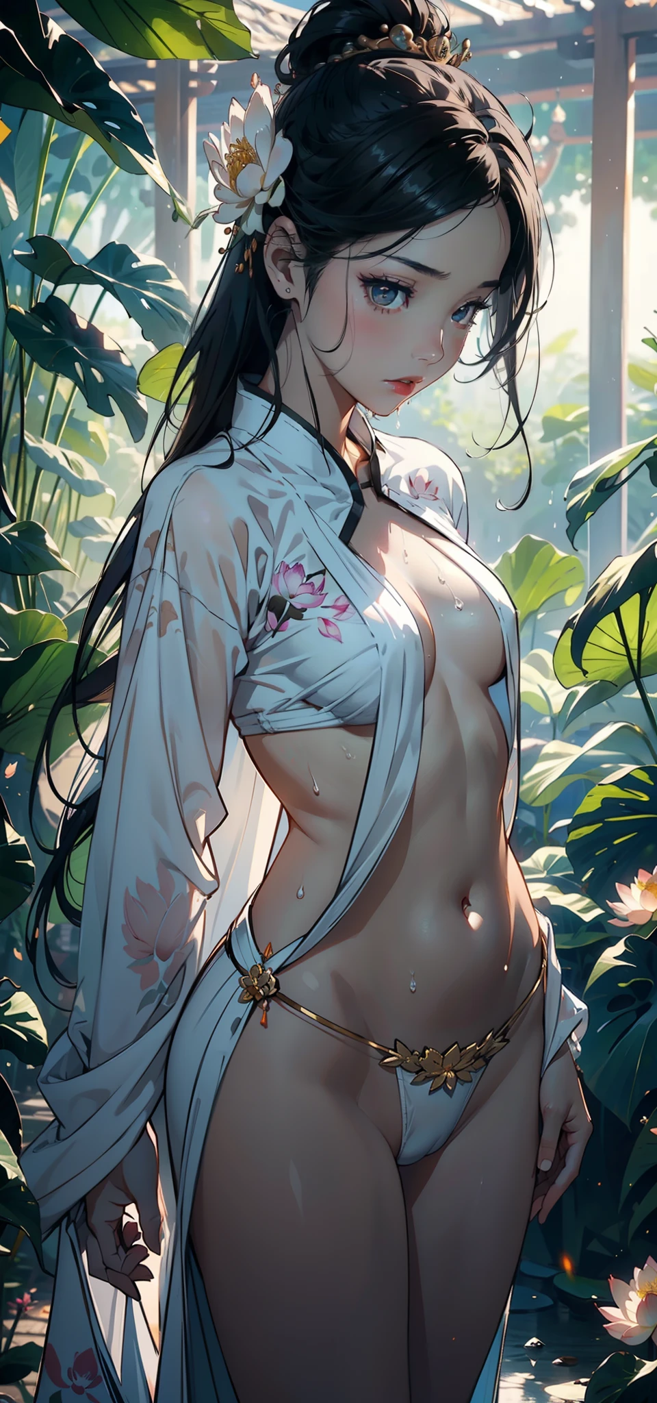 1female,1 year old,Slim,Small ,smallunderboob ,Pornographic exposure, 独奏,(Background with:lotus flower,the rainforest,Surrounded by a sea of flowers,lotuspond) She has short black hair,standing on your feet,Sweat profusely,drenched all over the body,seen from the front, hair straight, mostly cloudy sky,(((tmasterpiece),(Very detailed CG unity 8K wallpaper),best qualtiy,cinmatic lighting,detailed back ground,beatiful detailed eyes,Bright pupils,(Very fine and beautiful),(Beautiful and detailed eye description)Black eyes,ultra - detailed,tmasterpiece,)),facing at camera,A high resolution,ultra - detailed),revealing breasts,Bare genitalia, Bulge,legs are open,Raised sexy,Camel toes,Flushed complexion,Open-mouthed,frontage,elementary student,China Princess,A ball head,Lotus tiara(Wearing:White Hanfu lotus flower decoration)