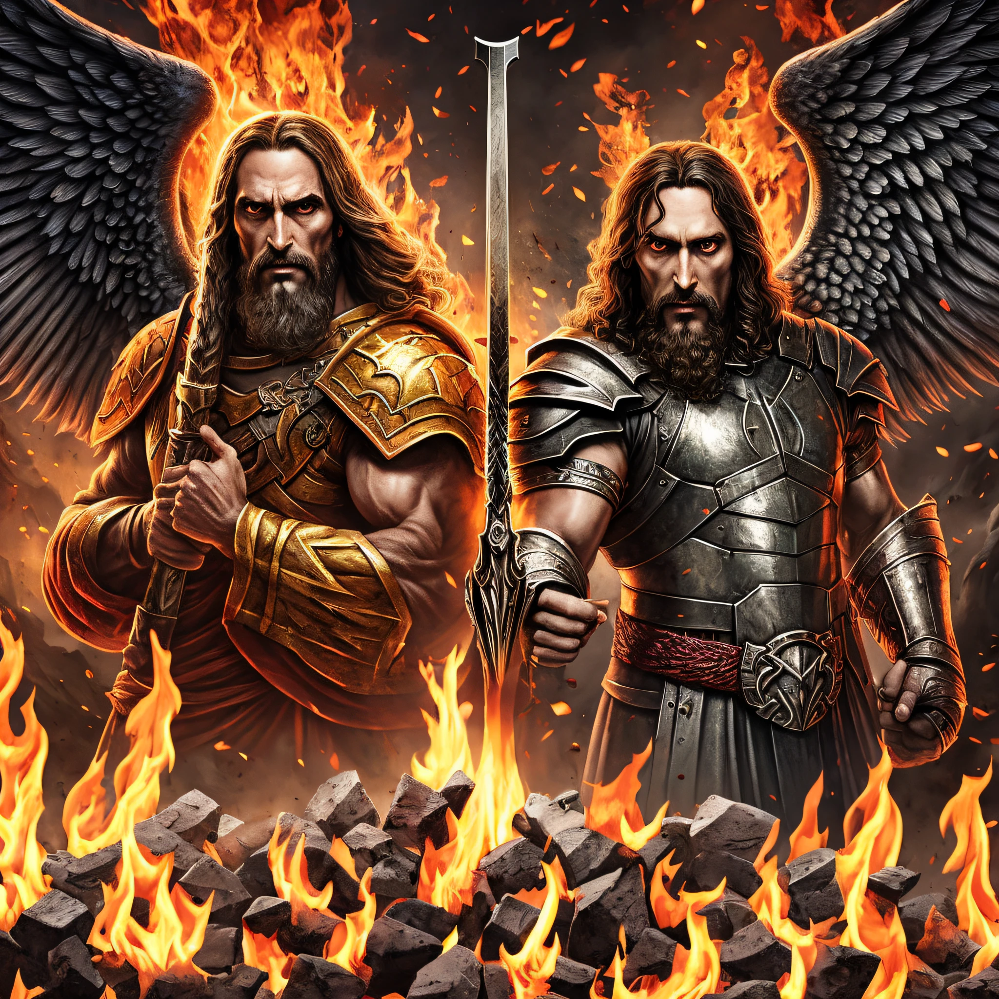Imagem arfed de um homem com barba e rosto de jesus, jesus christ fighting lucifer, diabo versus anjo, fazendo um acordo com o diabo, heaven vs hell, anjo versus diabo, angels vs demons, batalha entre o bem e o mal, satan in hell, jesus christ is the doom slayer, A batalha final no inferno, o bem contra o mal, o bem contra o mal