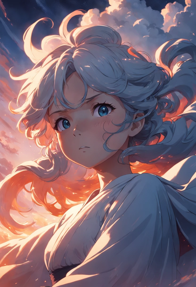 masterpiece, best quality, movie still, 1 30-year-old woman, cloud woman, angry facial expression, shoulders not covered by clothings, shoulders visible, raised arm, floating in the sky, close-up, bright, warm soft lighting, sunset, (sparks:0.7)