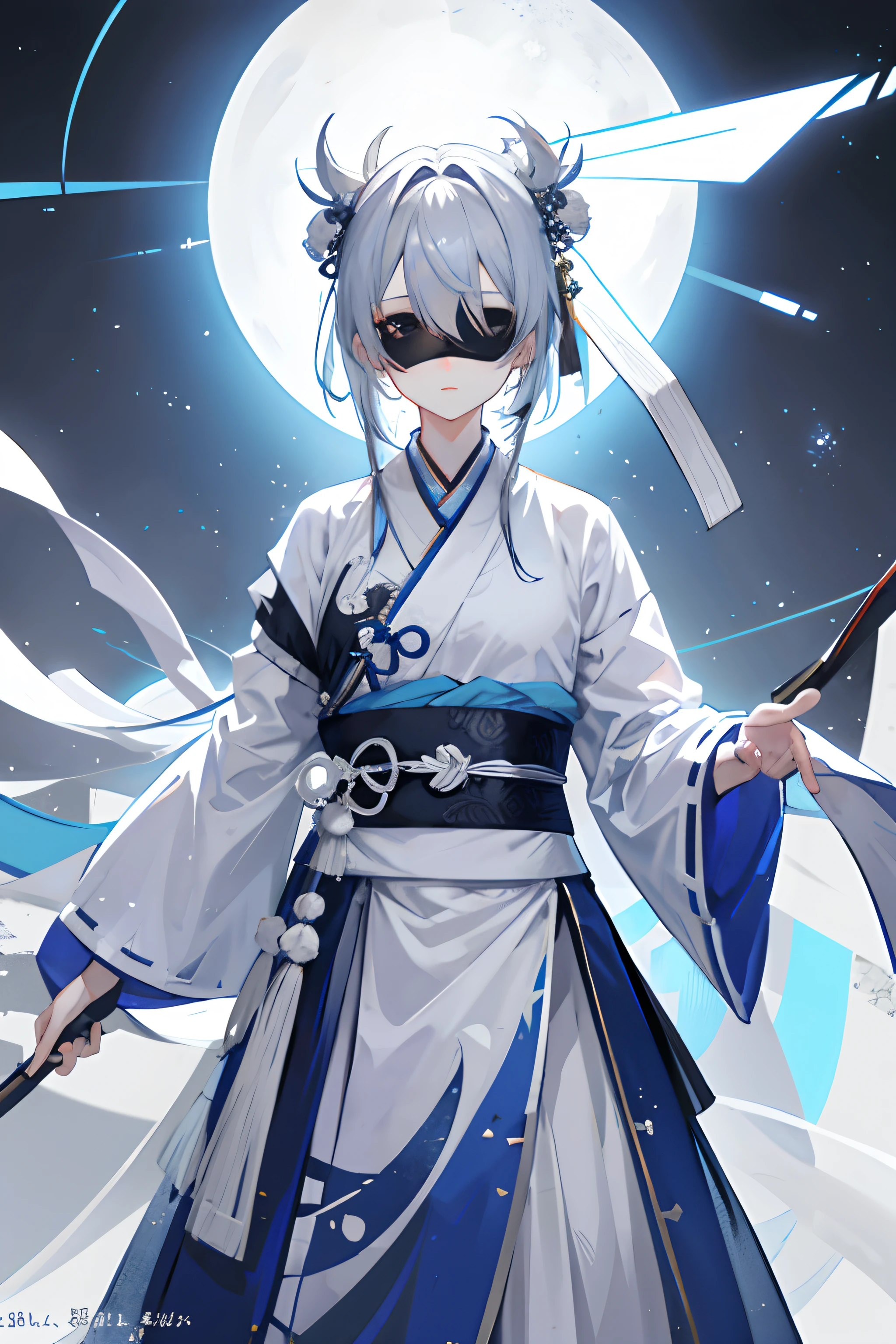 Original Character,Blindfold your eyes with a cloth,grey blue Hair,Hanfu whole body