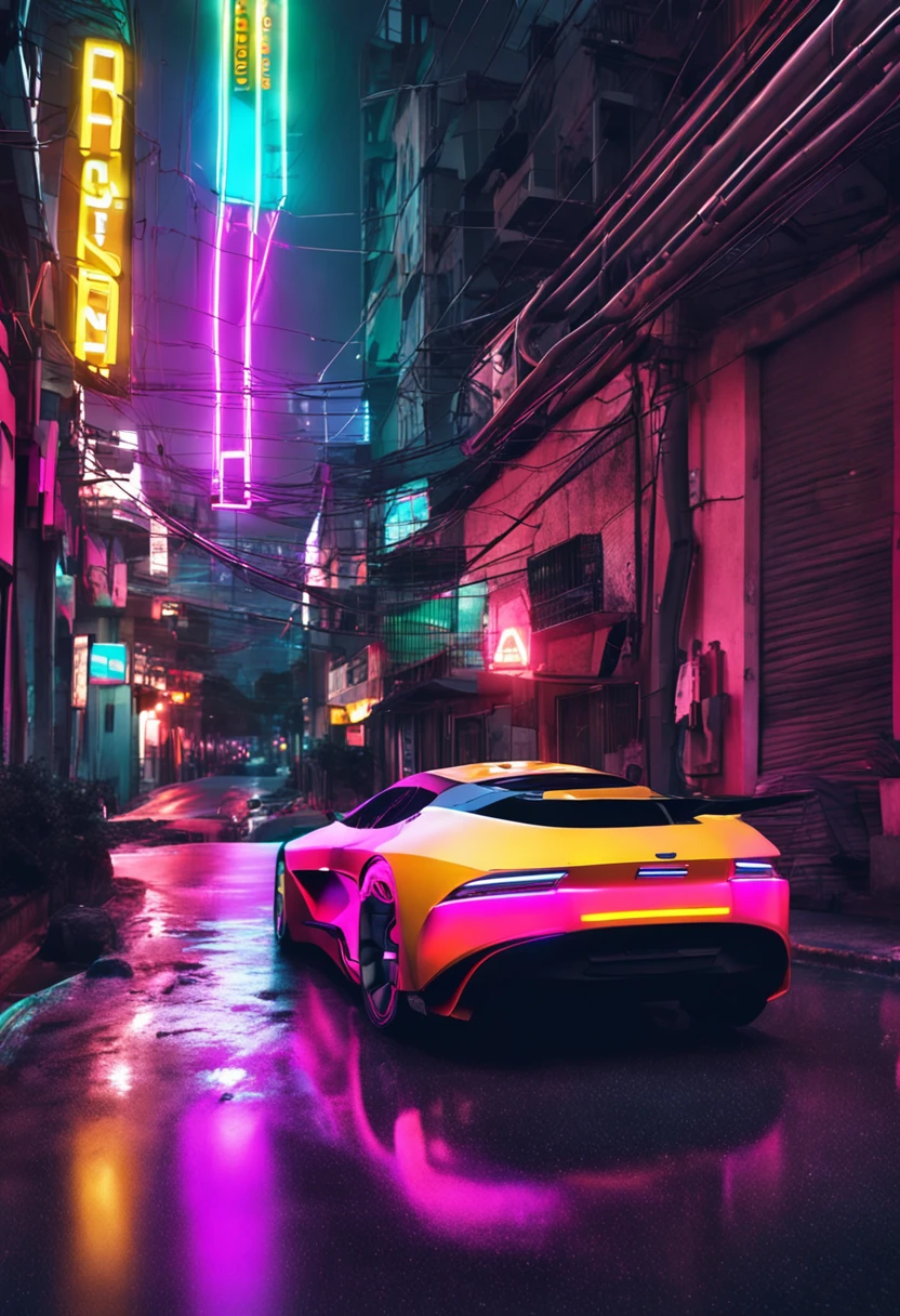 Carro esportivo futurista em desfoque de movimento nas ruas de uma cidade a noite e com chuva, imagem com destalhes neon e farois acesos