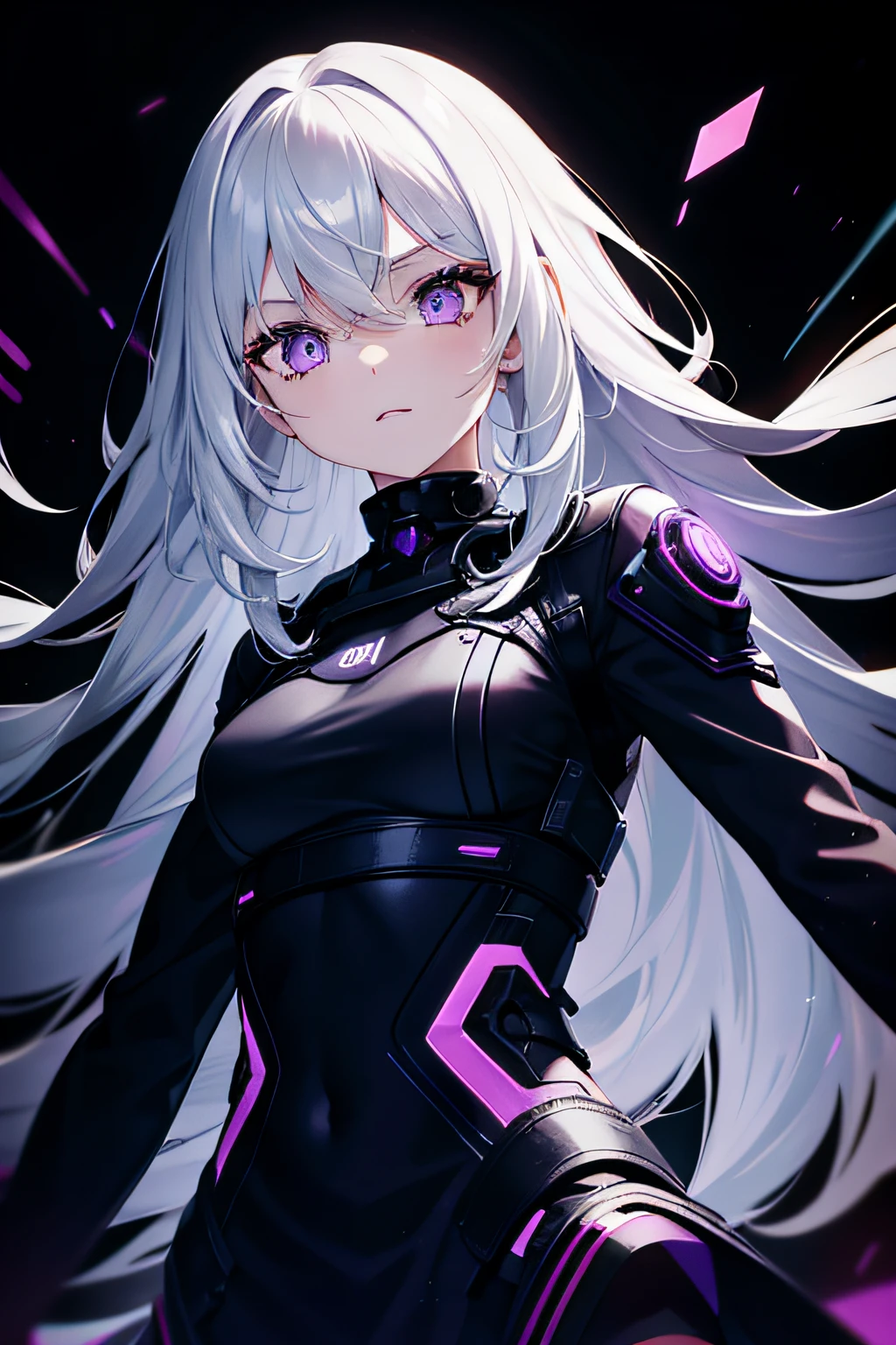 sci-fy，Data code，Pure black background，Girl with long silver hair，Purple eye