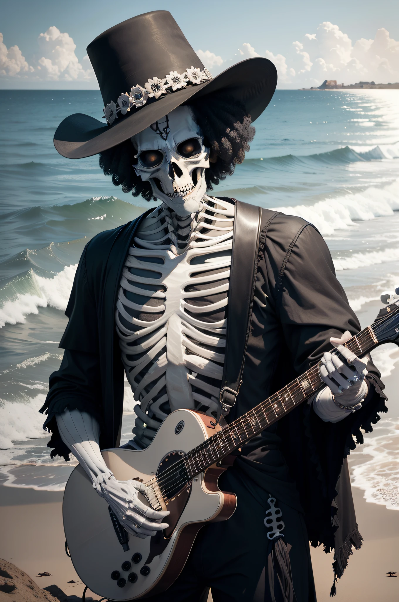 Create a comic style drawing of a Tiki surf beach at night where there are lots of skeleton children dancing and surfing, some playing djembes and percussion, that there is a skeleton playing guitar at a big fun kids party on the beach