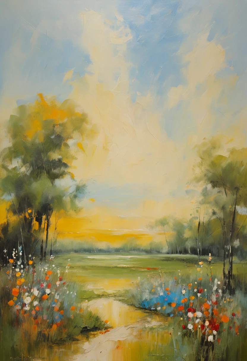 (((best quality)))), Realistic, authentic, beautiful and amazing landscape with a Volkswagen Kombi on the road oil painting Studio Ghibli Hayao Miyazaki pasture petals with blue sky and white clouds --v6