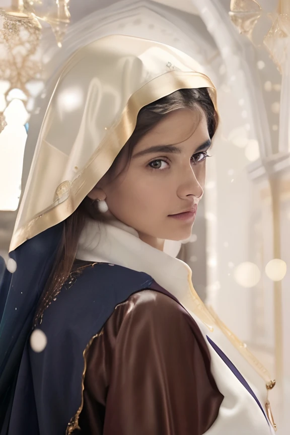 (((Saint Virgin Mary. 19 years old))) ((( Con una cara seria y piadosa. Con una mirada dulce y tierna))) (obra maestra, calidad superior, mejor calidad, arte oficial, beautiful and aesthetic: 1.2), (1girl), extremadamente detallado, (Arte fractal: 1.3), colorido, highest detailed, Cara perfecta, parte superior del cuerpo, HDR, (orando: 1.3), (golden lines of white coat: 1.2), galaxia, (rayas de luz), eye-catching visuals, (dynamic stripes, senderos luminosos: 1.2), colores vibrantes,