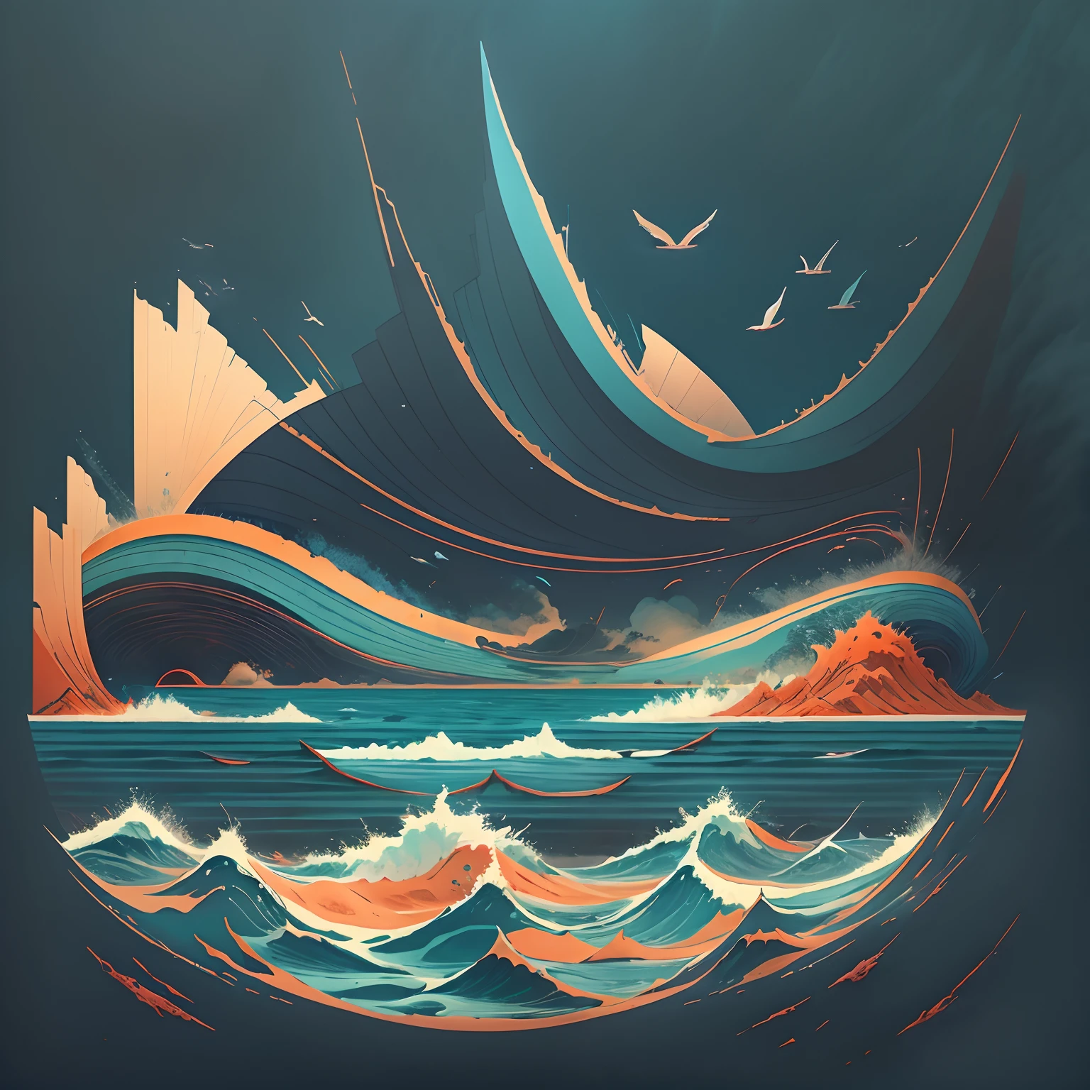 Armageddon,Seawater nuclear wastewater pollution,The waves are surging,Dark blue with dark red background,Navy style,Crimson,Fish changes,The setting sun shines blood-red,A girl kneels on the ground,Girls are helpless,In the ocean there are nuclear fuel barrels,