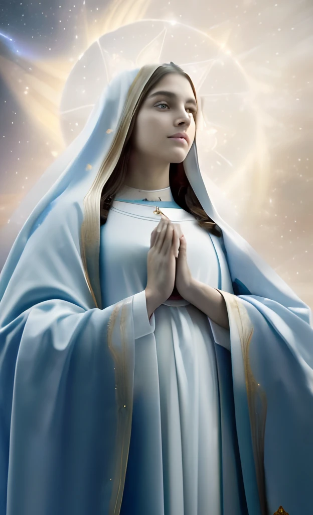 (((Saint Virgin Mary. 19 years old))) ((( Con una cara seria y piadosa. Con una mirada dulce y tierna))) (obra maestra, calidad superior, mejor calidad, arte oficial, beautiful and aesthetic: 1.2), (1girl), extremadamente detallado, (Arte fractal: 1.3), colorido, highest detailed, Cara perfecta, parte superior del cuerpo, HDR, (orando: 1.3), (golden lines of white coat: 1.2), galaxia, (rayas de luz), eye-catching visuals, (dynamic stripes, senderos luminosos: 1.2), colores vibrantes,