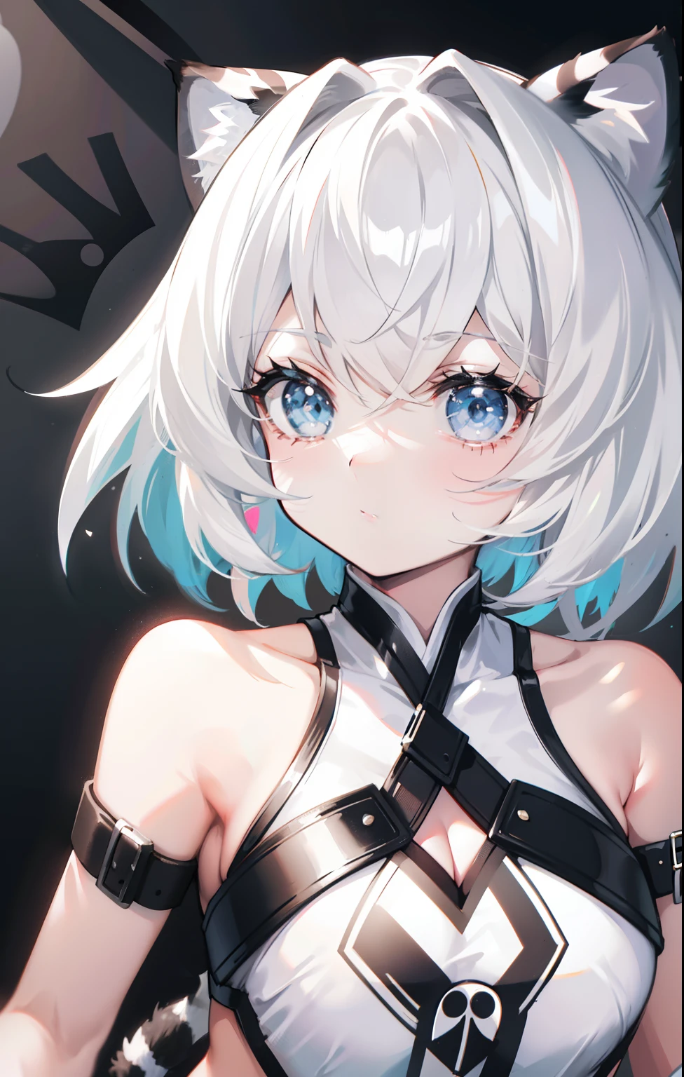 Short black and white hair,Cute girl looks like a milky girl,white clothes,Cute,Black and white tiger ears