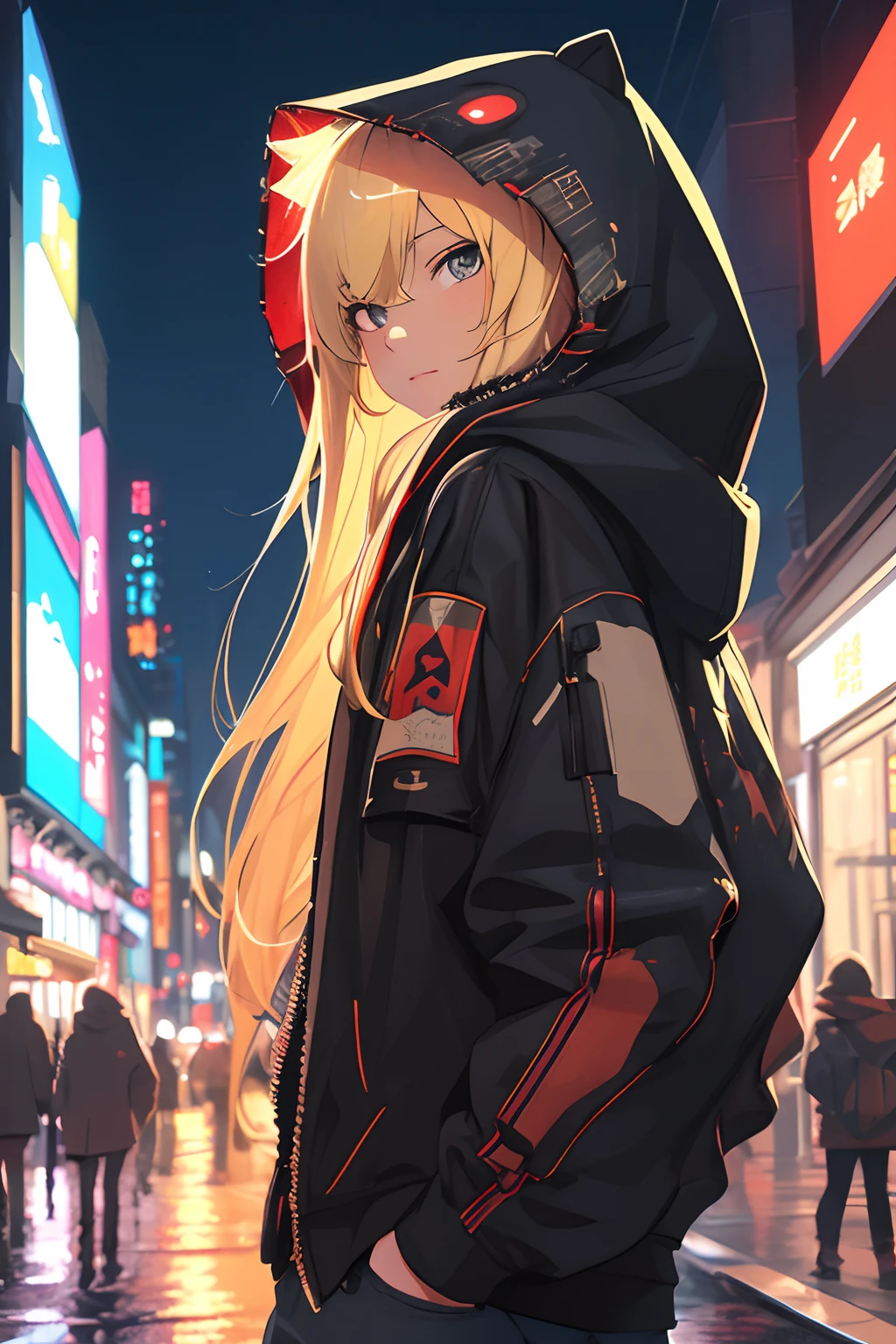 masterpiece, top-quality, 1girl, long blonde hair with bangs, 独奏, natta, Colorful, Cityscape, I'm wearing a hood.,cyberpunked, Light smile, City Pop, vector illustrations, Sateen