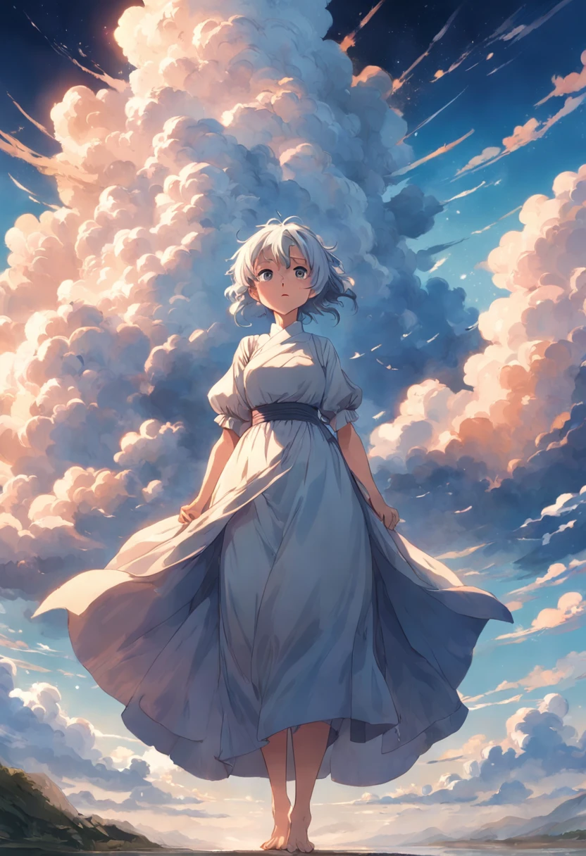 masterpiece, best quality, movie still, 1 30-year-old woman, cloud woman, shoulders and arms not covered by dress, shoulders and arms visible, upset facial expression, floating in the sky, whole body, bright, warm soft lighting, sunset, (sparks:0.7)