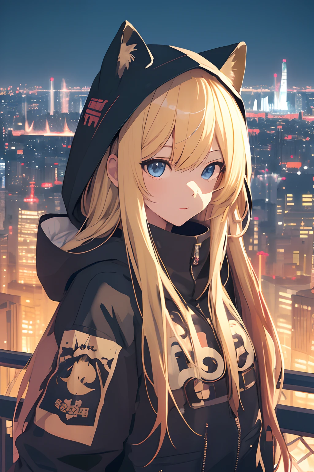 ​masterpiece, top-quality, 1girl, long blonde hair with bangs, 独奏, natta, Colorful, Cityscape, I'm wearing a hood.,cyberpunked, Light smile, City Pop, vector illustrations, Sateen