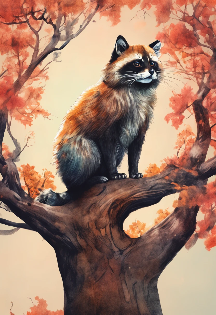 Tanuki cat on top of a tree, picure, watercolor paiting, Amorphous design, surrealist