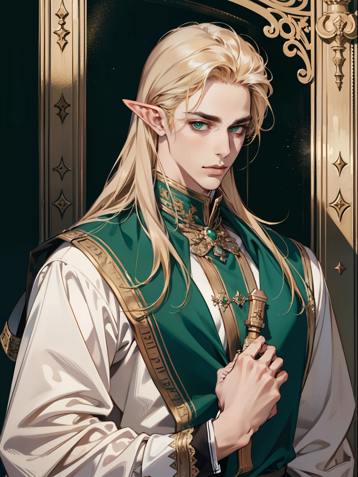 (masterpiece, best quality:1.2), (absurd res, high res, ultra detailed), 1 male, adult, handsome, tall muscular guy, broad shoulders, portrait, looking at viewer, solo, half shot, detailed background, detailed face, high fantasy, look at camera, perfect detailed face, perfect detailed hands, elf bard, light golden hair, emerald green eyes, pointy ears, elf, silk clothing, elegant