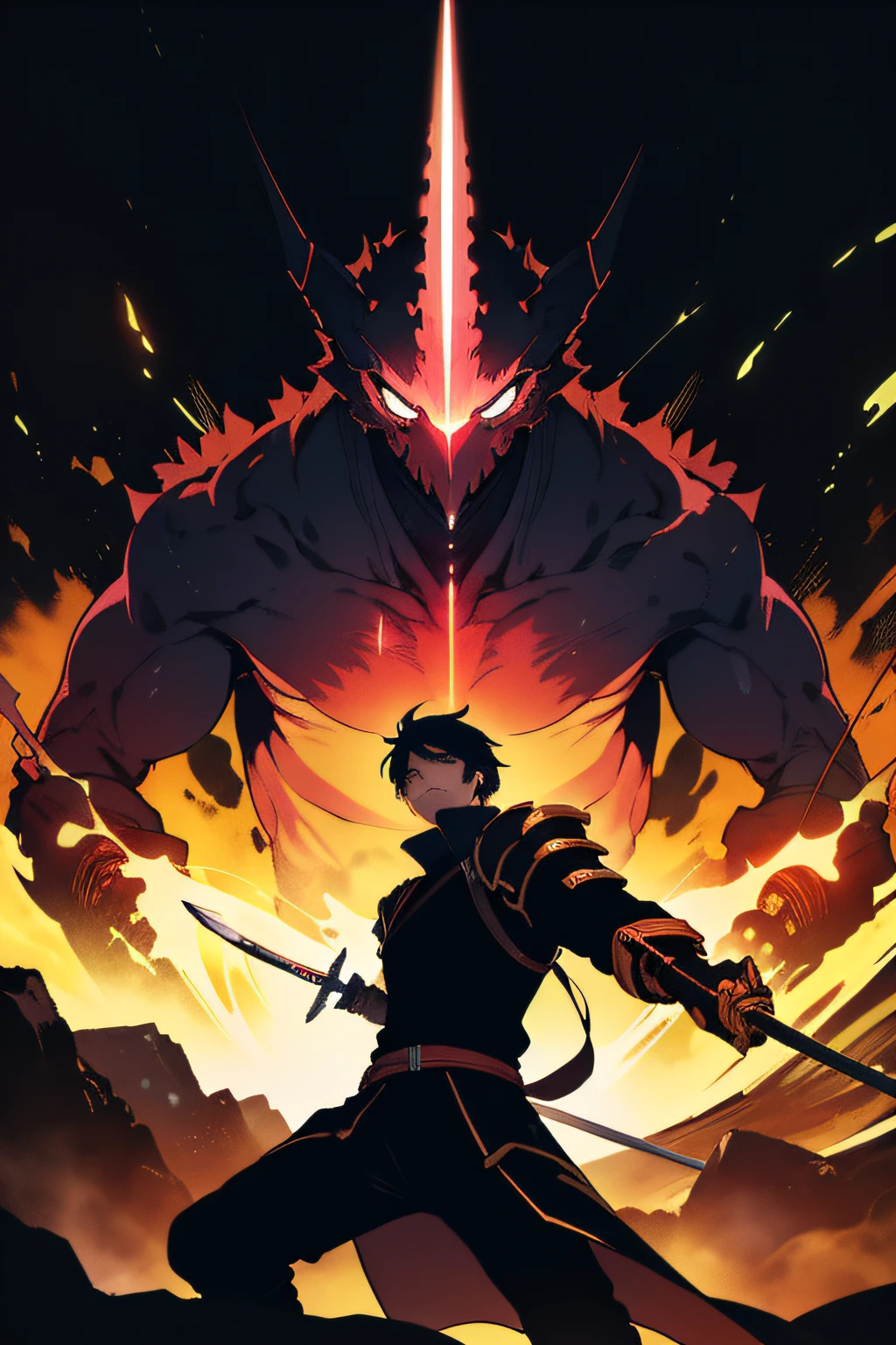 A man with a sword and fire，Anime art style，Brilliant plot depiction，Imposing sword battles，Breath-taking plot development。