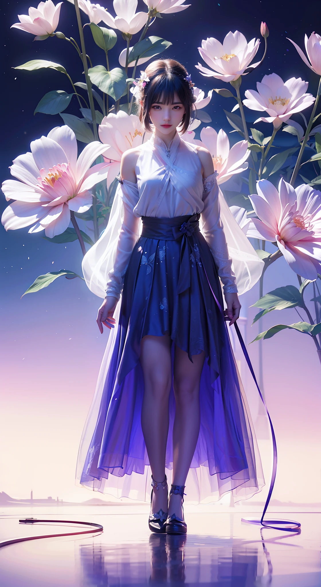 There was a woman standing in front of a bouquet of flowers, wings,🌺 CGSesociety, digital art of an elegant, Guviz-style artwork, in a glowing skirt, Ross Tran style, fantasyoutfit, In the style of Ross Tran, Fantasy art style, Beautiful digital illustration, Palace , A girl in Hanfu, stunning digital illustration