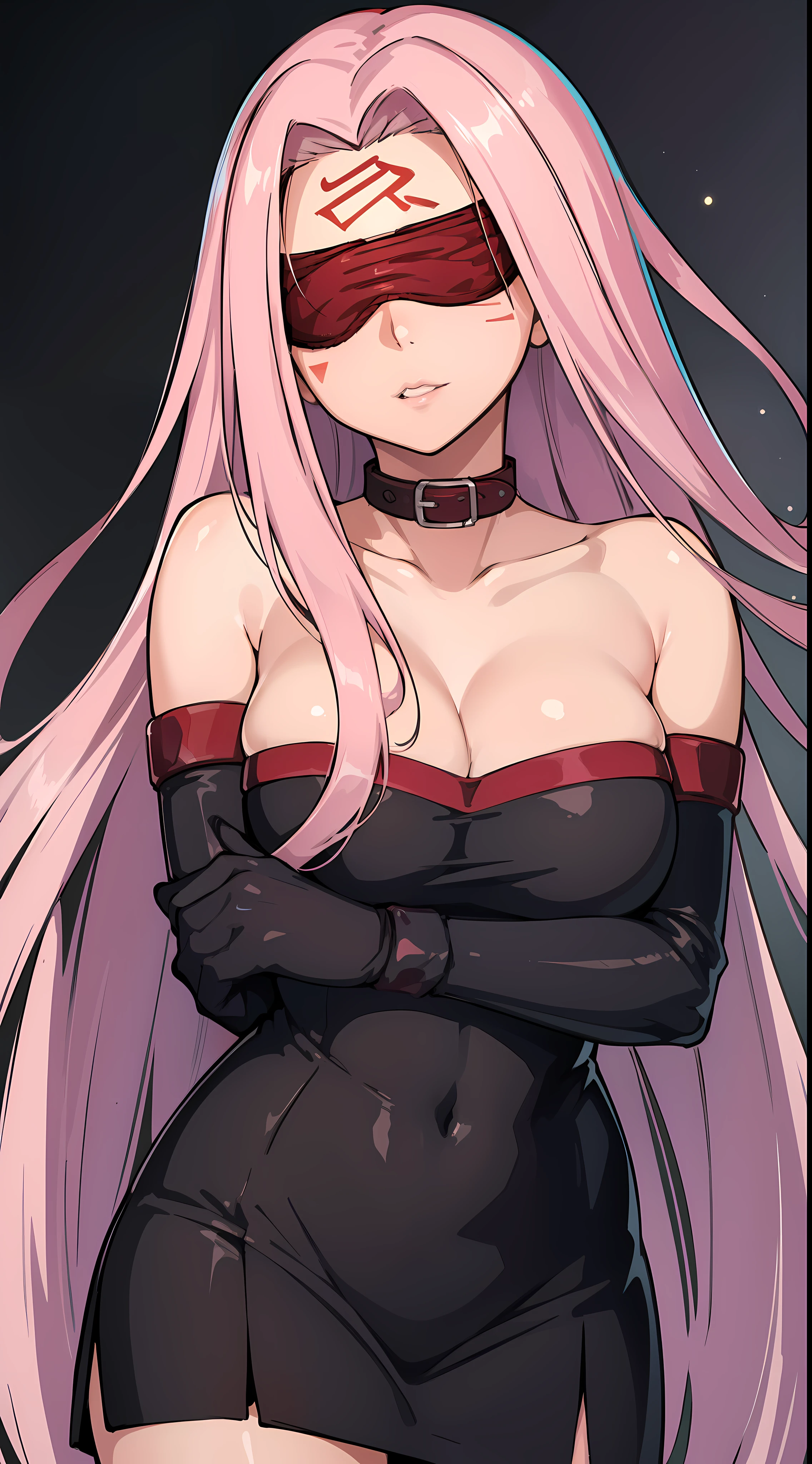 1girl, pink hair,(blindfold:1.5),dress,breasts, long hair, solo, medusa (fate), cleavage, large breasts, medusa (rider) (fate), facial mark, strapless, forehead mark, looking at viewer, purple hair, gloves, very long hair, dress, strapless dress, simple background, elbow gloves, official art,extremely detailed CG unity 8k wallpaper, perfect lighting,Colorful, Bright_Front_face_Lighting,shiny skin, (masterpiece:1.0),(best_quality:1.0), ultra high res,4K,ultra-detailed, intricate details, photography, photorealistic, 8K, HDR, highres, absurdres:1.2, Kodak portra 400, film grain, blurry background, bokeh:1.2, lens flare, (vibrant_color:1.2) (Beautiful,large_Breasts:1.4), (beautiful_face:1.5),(narrow_waist),