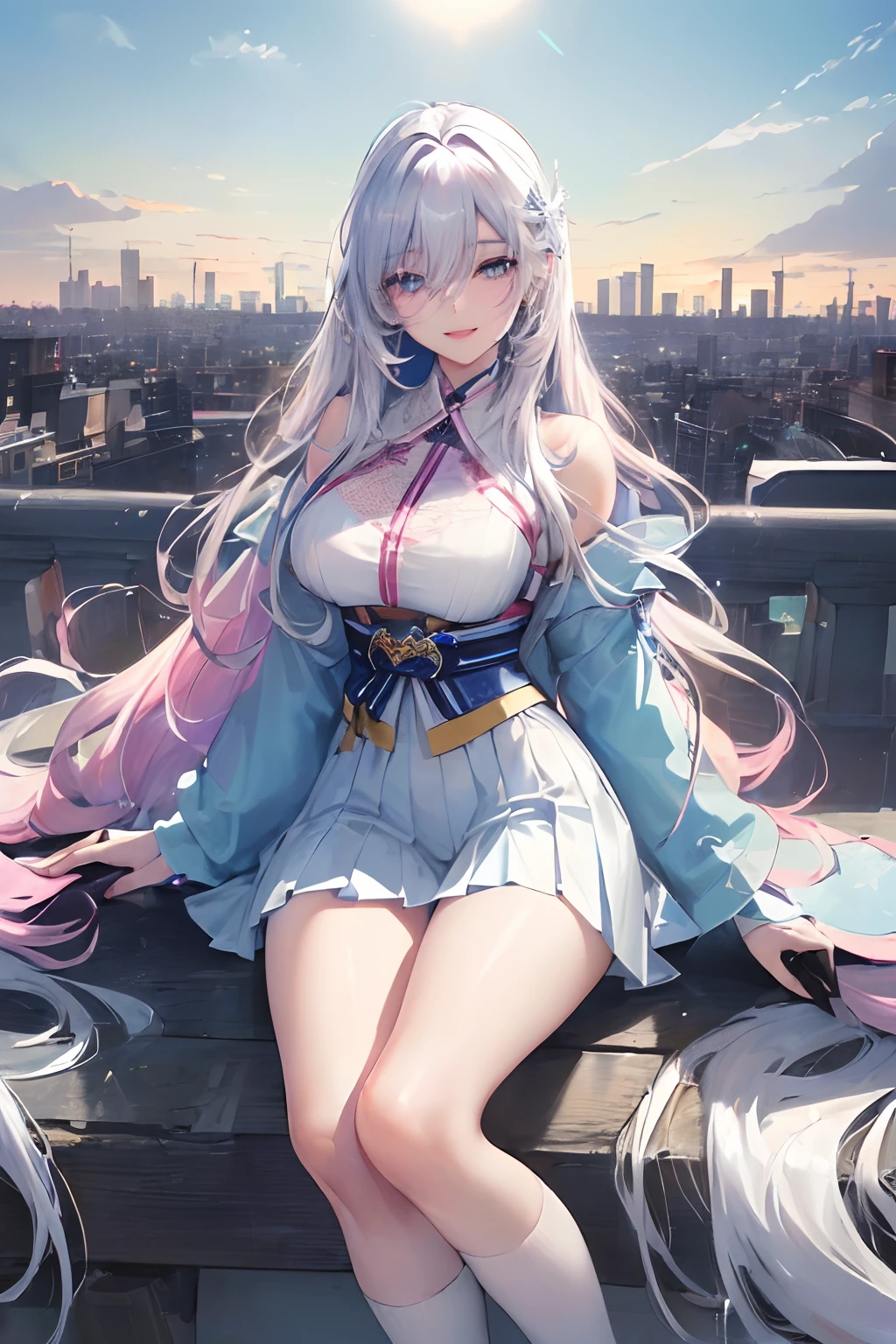 official art, masterpiece, sharp focus, (beautiful gorgeous cute Korean woman:1.3), (beautiful cute korean:1.3), korean beauty, Delicate and beautiful hair and eyes and face, realistic, ultra detailed, beautiful girl, blue sky, glow white particle, (sidelighting:1.2), sun light, white cloud, detailed clouds, slender, Lovely very large breasts and very large hips, smile with teeth, ((smile with eyes, open both eyes)), scenery, long straight hair, sexy facial expression, building, (cityscape:1.7), dynamic hair, long straight hair, detailed platinum pink hair, glow blue eyes, (blue pleated shirts + white skirt), white long socks, pale skin, hair ornament, epic scenery,
