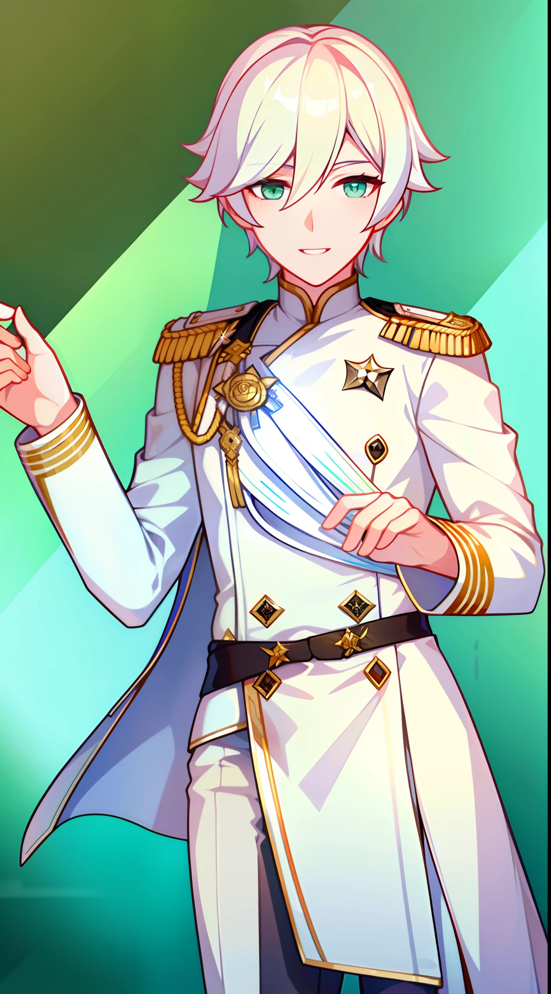 Young guy, short blonde hair with white strands, Green eyes, white officer's uniform, ssmile, White rose in hand, Crystal Rose, Masterpiece, hiquality