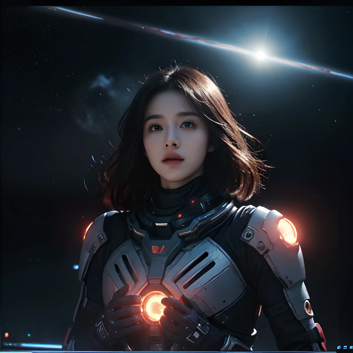 (masterpiece、top-quality、top-quality、Official art、ighly detailed、Beautifully Aesthetic:1.2)、(1girl in),cosmic space、cyberpunked、Future Space Combat Suits、((nebulas))、Delicate Light、Intuitive、Precise focus、cinema4d、Dramatic、