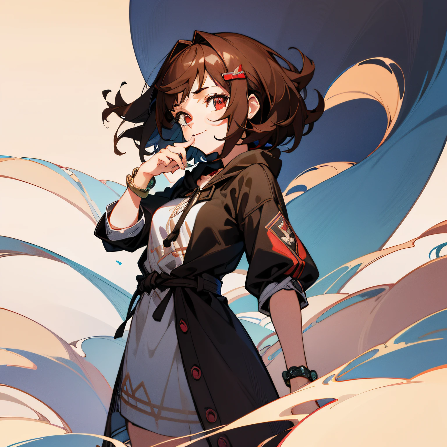 (tmasterpiece), (Best quality), (Ultra-detailed), (illustration), (Disheveled hair), (1 girl),Young girls,Red eyes,Brown hair,short detailed hair,Black hoodie,Coast,flat breast,Single blue bracelet,ssmile