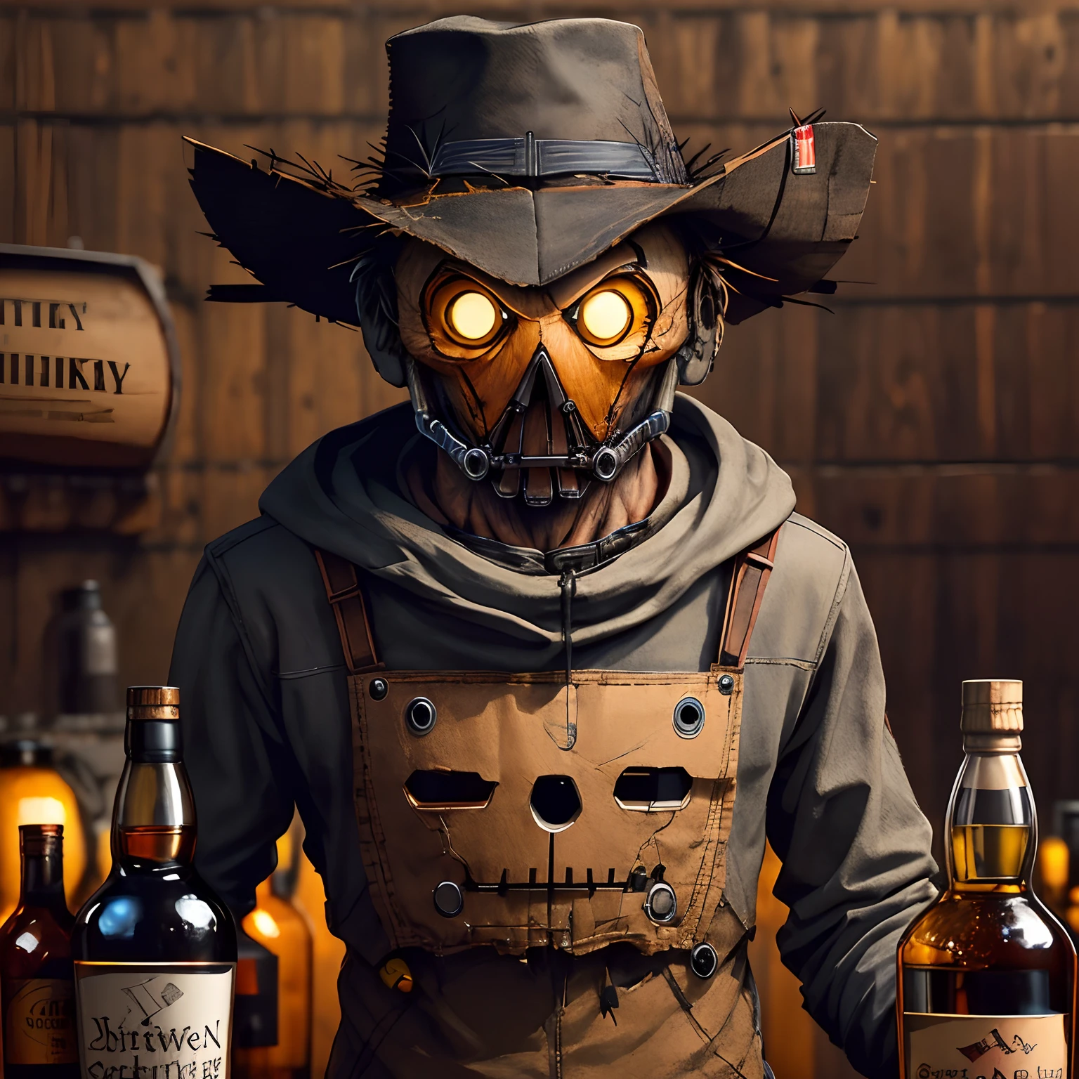 Create a cybernetic scarecrow with a bottle of whiskey written Scarecrow in your hands