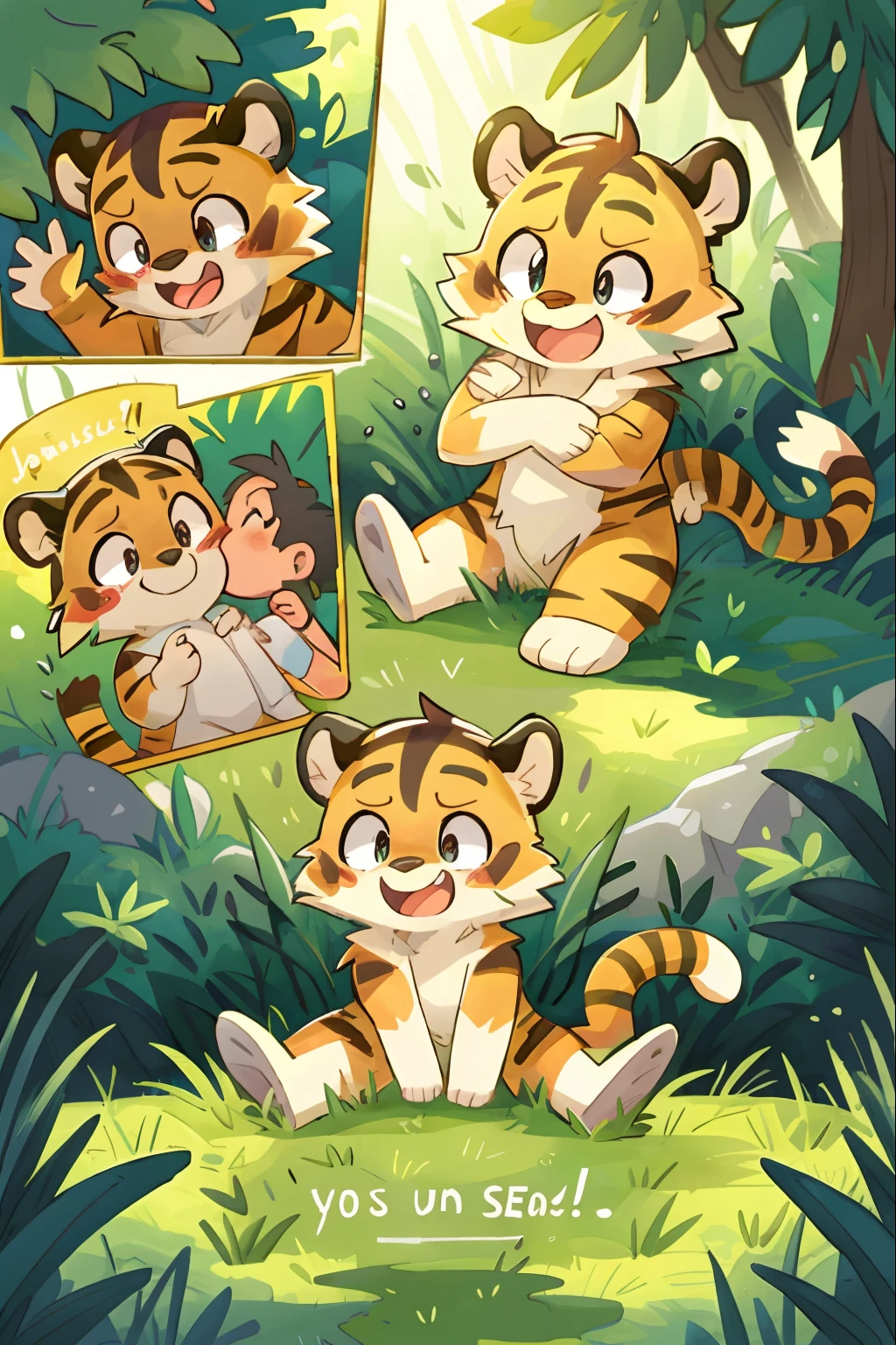 top quality, best quality, highres, masterpiece, super high resolution, detailed background, grass field(animal tiger play with human child girl)petting, hug, biting, smile, joyful, chibi, absurdres(highly detailed beautiful face and eyes)perfect anatomy, good lighting, cinematic shadow, assorted expressions, assorted poses, assorted angles, full body, upper shot, dynamic angle(girls comic-like panel layouts, speech balloon, English text, Hand-drawn sound effects stickers used in girls comic),