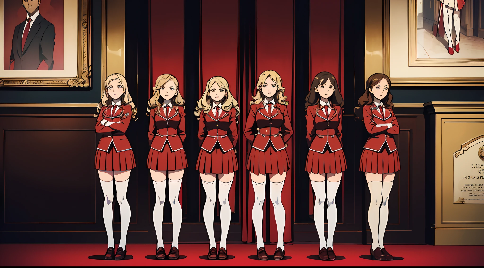 (comic panel), (masterpiece, high quality, best quality), brown hair, blonde hair, curly hair, hazel eyes, red sexy skirt suits, red blazers, red pencil skirts, white thighhighs, black high heels, uniforms, (thousands of, millions of, crowd of), identical girls, crowd shot, identical sisters, clones, (matching hairstyles, matching outfits, matching faces), (crowded, filled with clones), in straight lines, in perfect formation, same pose, straight arms, arms on sides, mansion, (full body)
