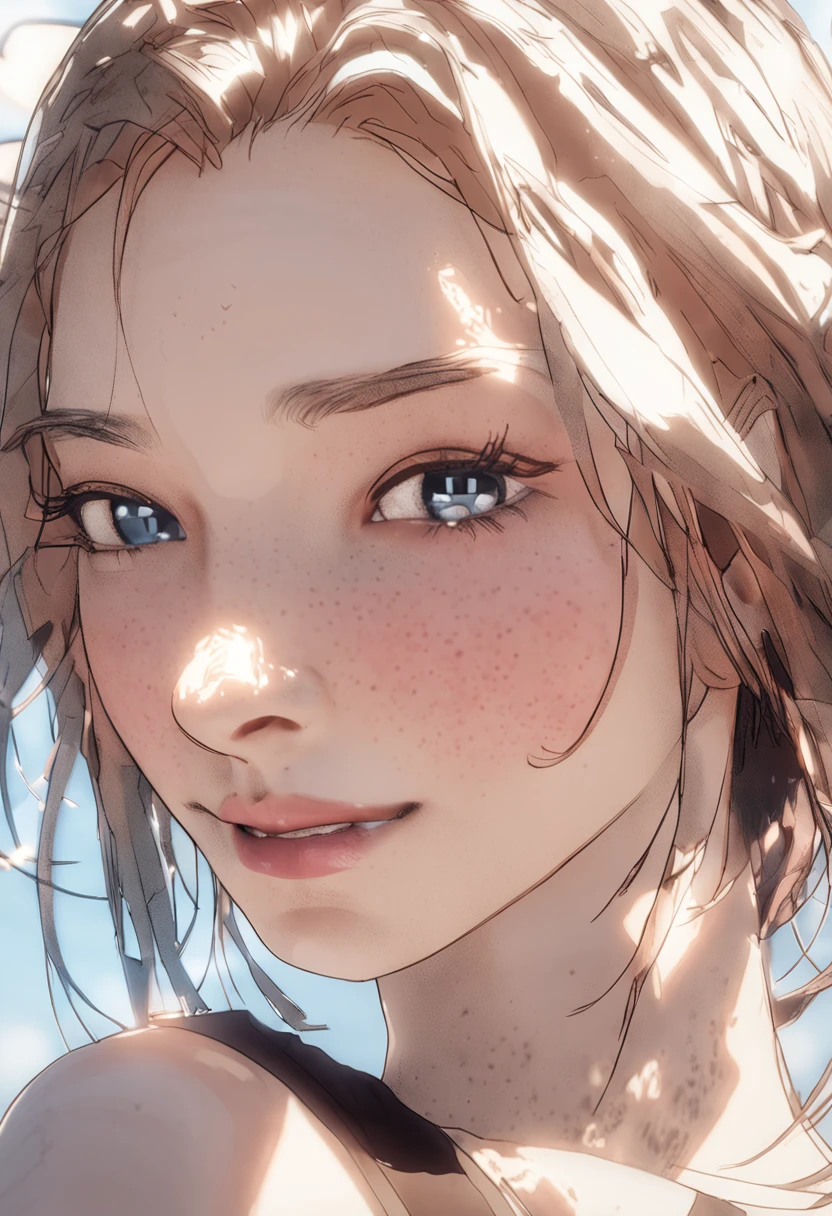 (skin blemish:1.2), (skindentation), black eye, 1woman, 25yo, (((woman))), solo, realistic, best quality, photorealistic, masterpiece, 8k, high res, solo, extremely detailed face, (professional lighting, bokeh), (light particles, lens flare, glowing particles:0.6), (dynamic pose:1.2), soft lighting, top angle view, fashionable and trendy atmosphere, japan, street, tokyo, harbour, skytree, tokyo tower,  ((daytime)), sky, ((looking at the viewer:1)), (looking at the camera),(portrait:0.6), cowboy shot, gorgeous, standing, keep original facial proportion, wide shoulder, full body, (medium breast), (medium hair), brown hair, floating hair, lips, lipstick, seductive smile, floating hair, smile, open_mouth, teeth, blouse, (flowery pattern summer dress:1), eyelashes, mole, (mole under eye:1),