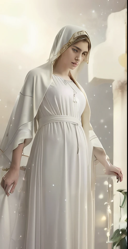 (((Saint Virgin Mary. 19 years old))) ((( Con una cara seria y piadosa. Con una mirada dulce y tierna))) (obra maestra, calidad superior, mejor calidad, arte oficial, beautiful and aesthetic: 1.2), (1girl), extremadamente detallado, (Arte fractal: 1.3), colorido, highest detailed, Cara perfecta, parte superior del cuerpo, HDR, (orando: 1.3), (golden lines of white coat: 1.2), galaxia, (rayas de luz), eye-catching visuals, (dynamic stripes, senderos luminosos: 1.2), colores vibrantes,