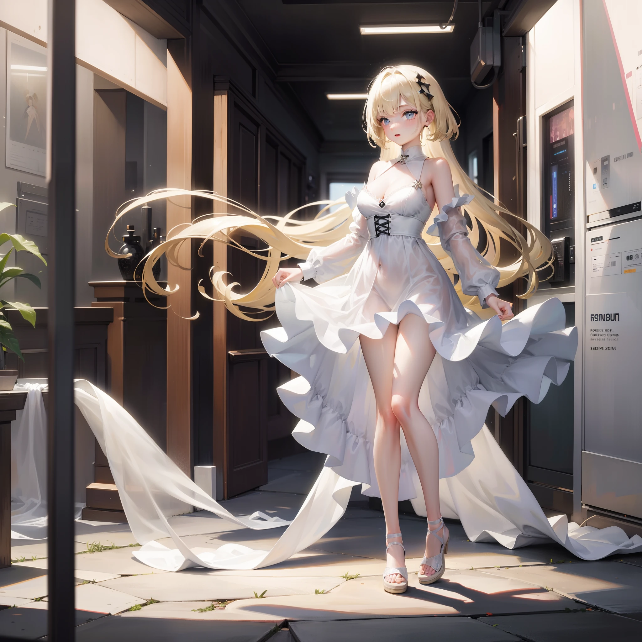 solo, 1 woman, blonde hair, white transparent dress, cleavage, full body, white underwear