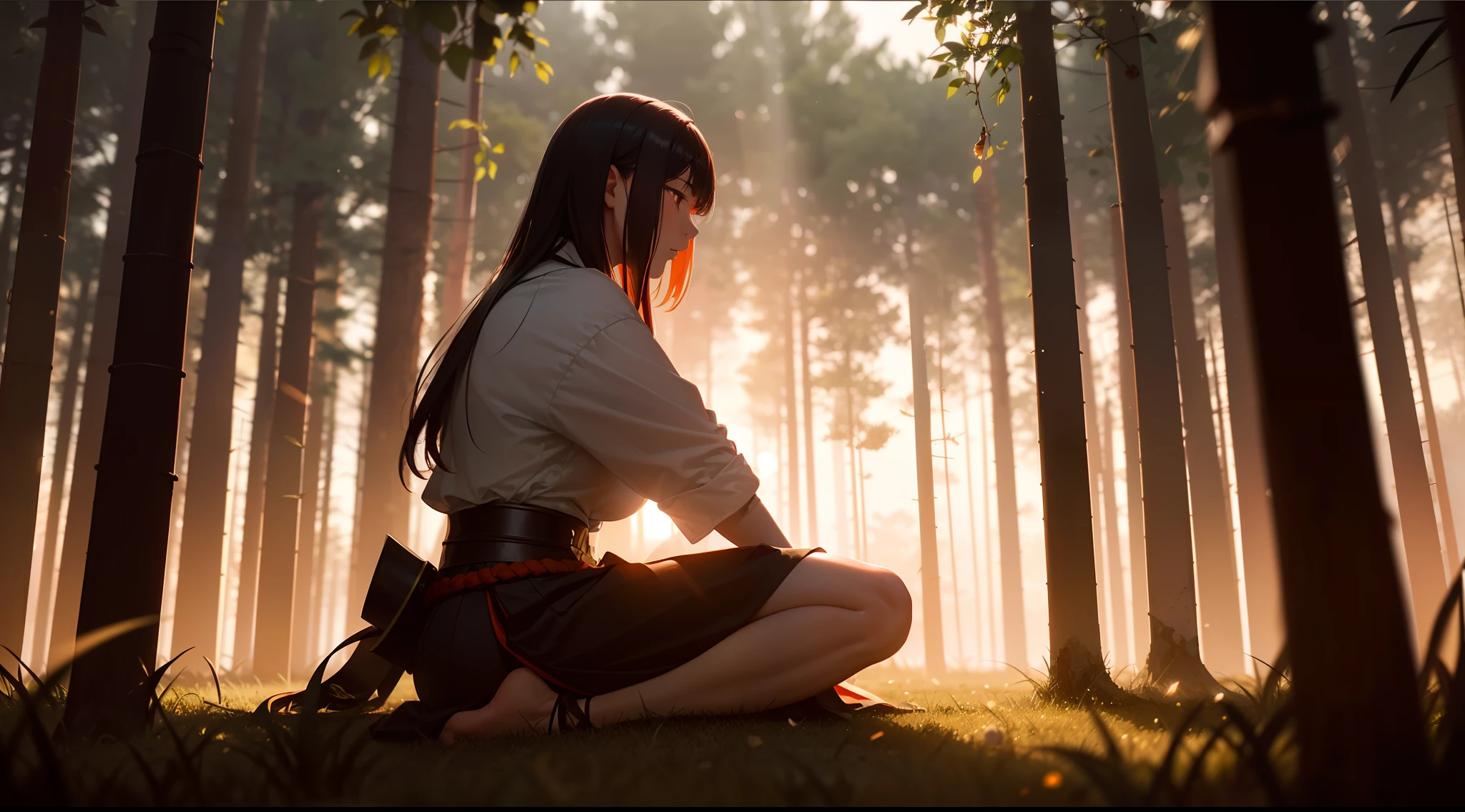 a woman in samurai uniform is sitting in a grassy forest when the sun is touching the horizon, she is looking at the ground and weeping in sadness with a katana by her side, We can see her side face, She is looking down at the ground, Specs of dust, ((cinematic)), visual clutter, She has a sword(katana) by her side. (Tall grass), Depressing mood, Volumetric lighting, God rays, Ray tracing, (((Bokeh, Depth of field))), Blur background, (((Gloomy))), Very gloomy environment, Sun is going down, Lonliness is setting in, (reddish-orangish tone), ((bokeh))