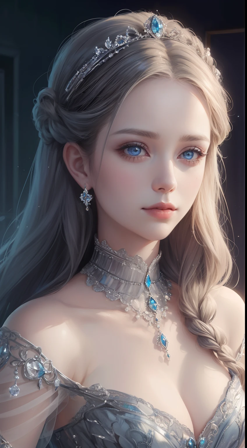 tmasterpiece，Highest high resolution，Dynamic bust of beautiful royal lady，Delicate silver braided hair，Blue clear eyes，The hair is covered with beautiful and delicate floral craftsmanship, Crystal jewelry filigree，Ultra-detailed details，upscaled。Soft lighting