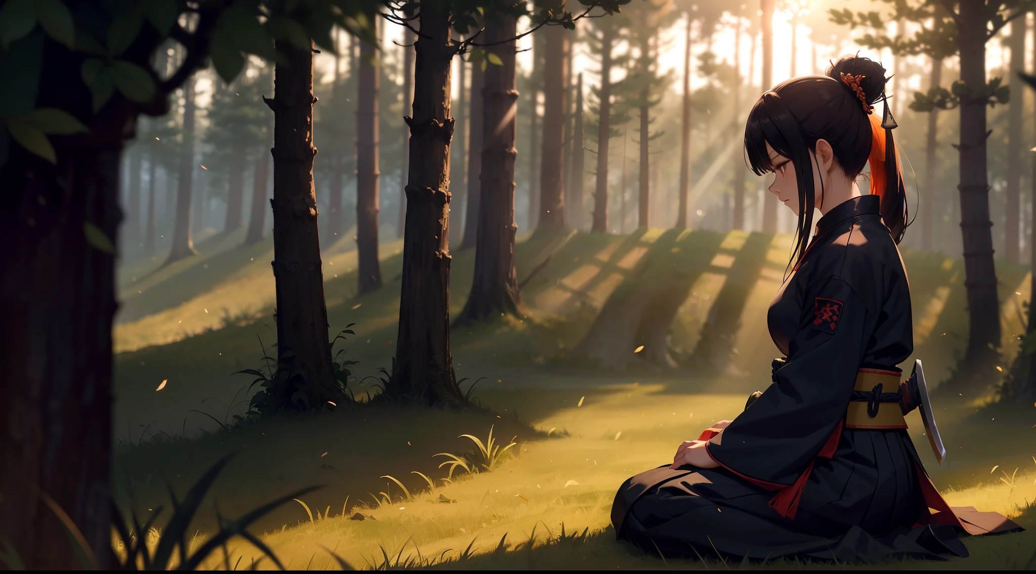 a woman in samurai uniform is sitting in a grassy forest when the sun is touching the horizon, she is looking at the ground and weeping in sadness with a katana by her side, We can see her side face, She is looking down at the ground, (((fully covered in uniform))), Specs of dust, ((cinematic)),  visual clutter, She has a sword(katana) by her side. (Tall grass), Depressing mood, Volumetric lighting, God rays, Ray tracing, (((Bokeh, Depth of field))),  Blur background, (((Gloomy))), Very gloomy environment, Sun is going down, Lonliness is setting in, (reddish-orangish tone), ((bokeh))