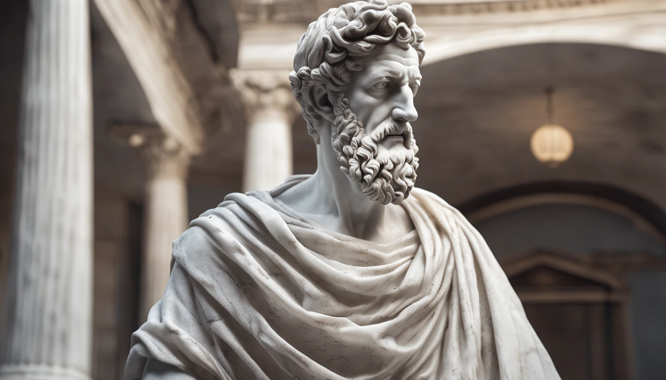 A carefully detailed realistic Greek white marble statue of Marcus Aurelius wearing a ghostly toga, fundo sombrio, Moody, , fotorrealista, Jantar de cinema atencioso, super detalhada, Hiper realista, pouca luz, 8k
