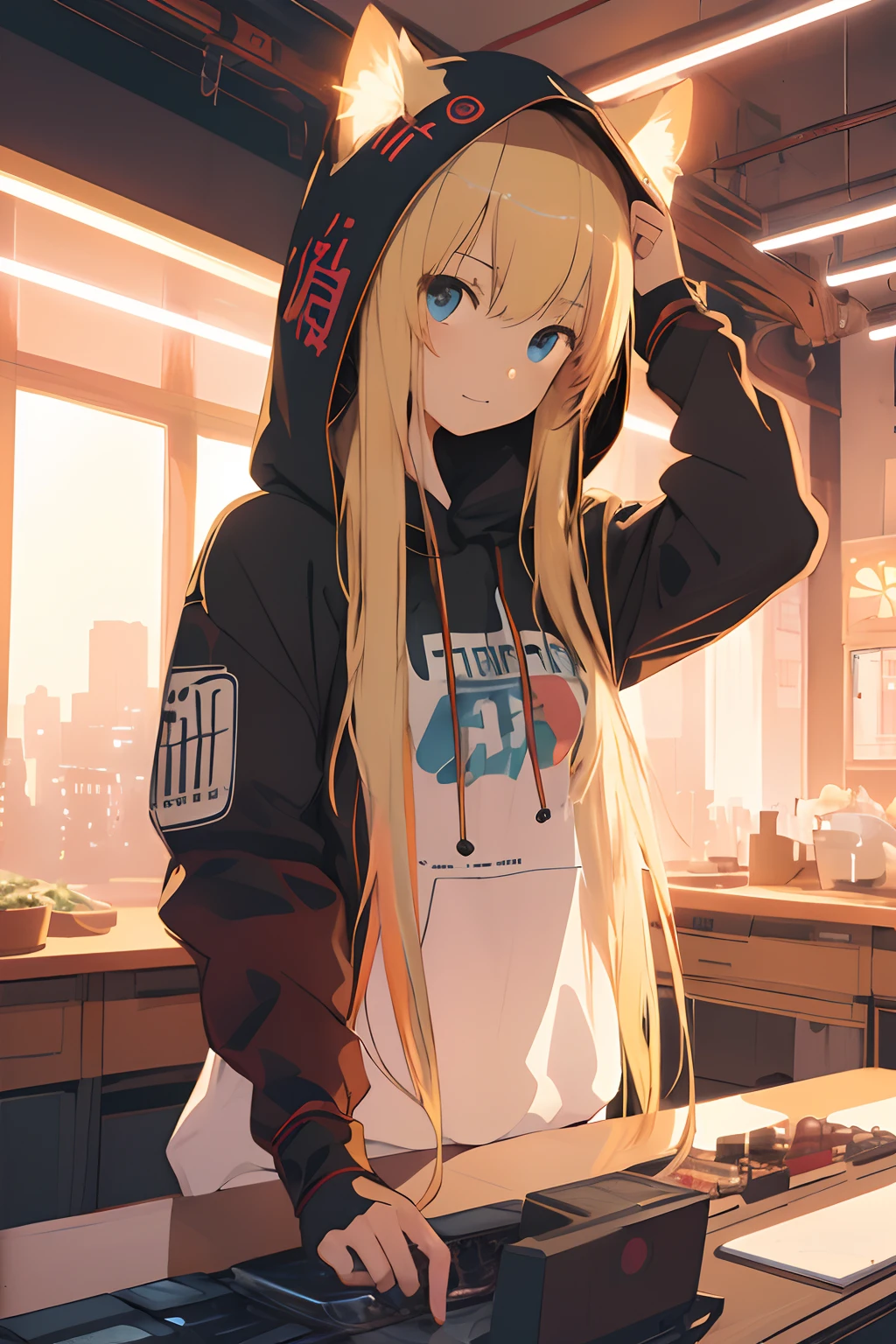 masterpiece, top-quality, 1girl in, long blonde hair with bangs, 独奏, natta, Colorful, a room, Wearing a hood,cyberpunked, Light smile, City Pop, vector illustrations