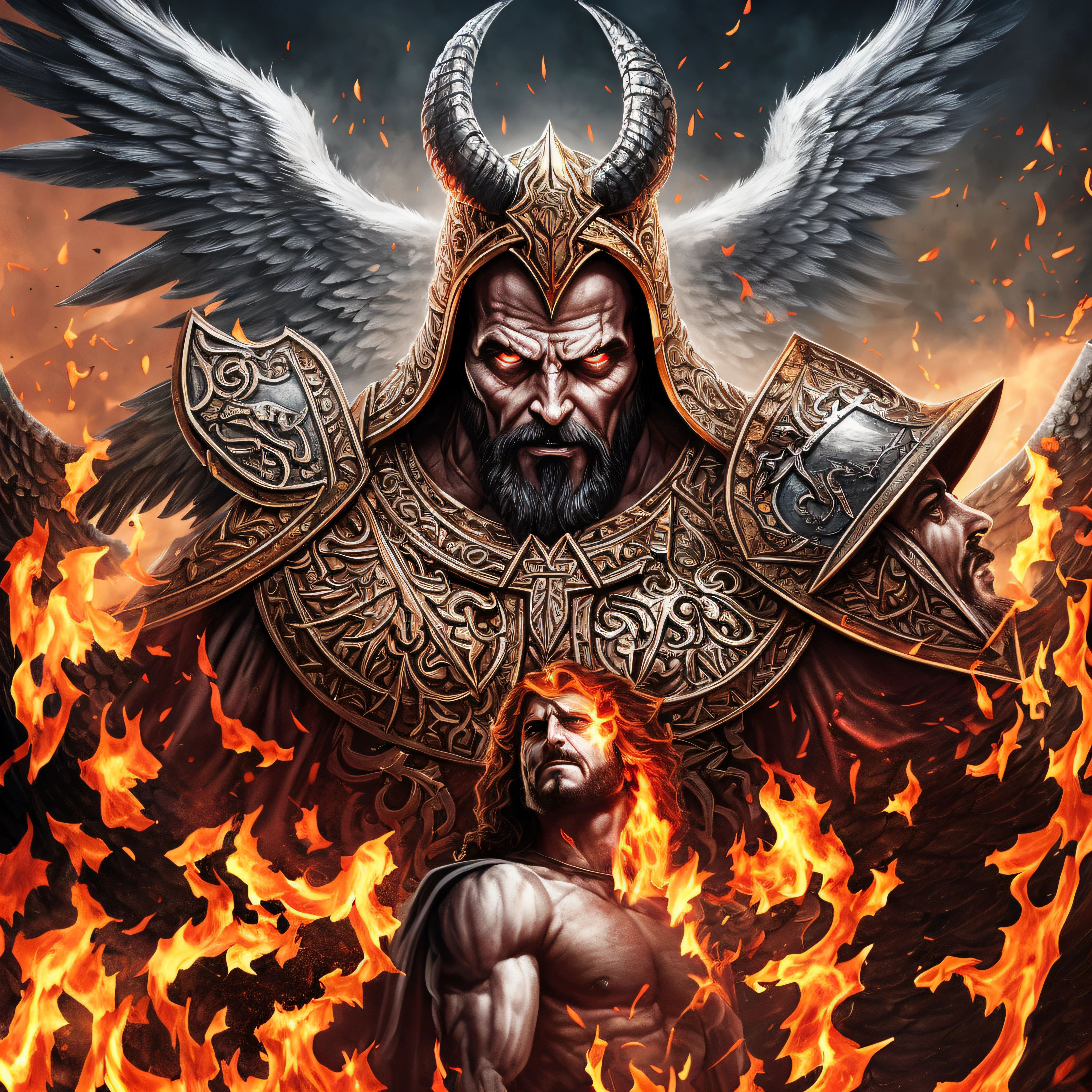 Imagem arfed de um homem com barba e rosto de jesus, jesus christ fighting lucifer, diabo versus anjo, fazendo um acordo com o diabo, heaven vs hell, anjo versus diabo, angels vs demons, batalha entre o bem e o mal, satan in hell, jesus christ is the doom slayer, A batalha final no inferno, o bem contra o mal, o bem contra o mal