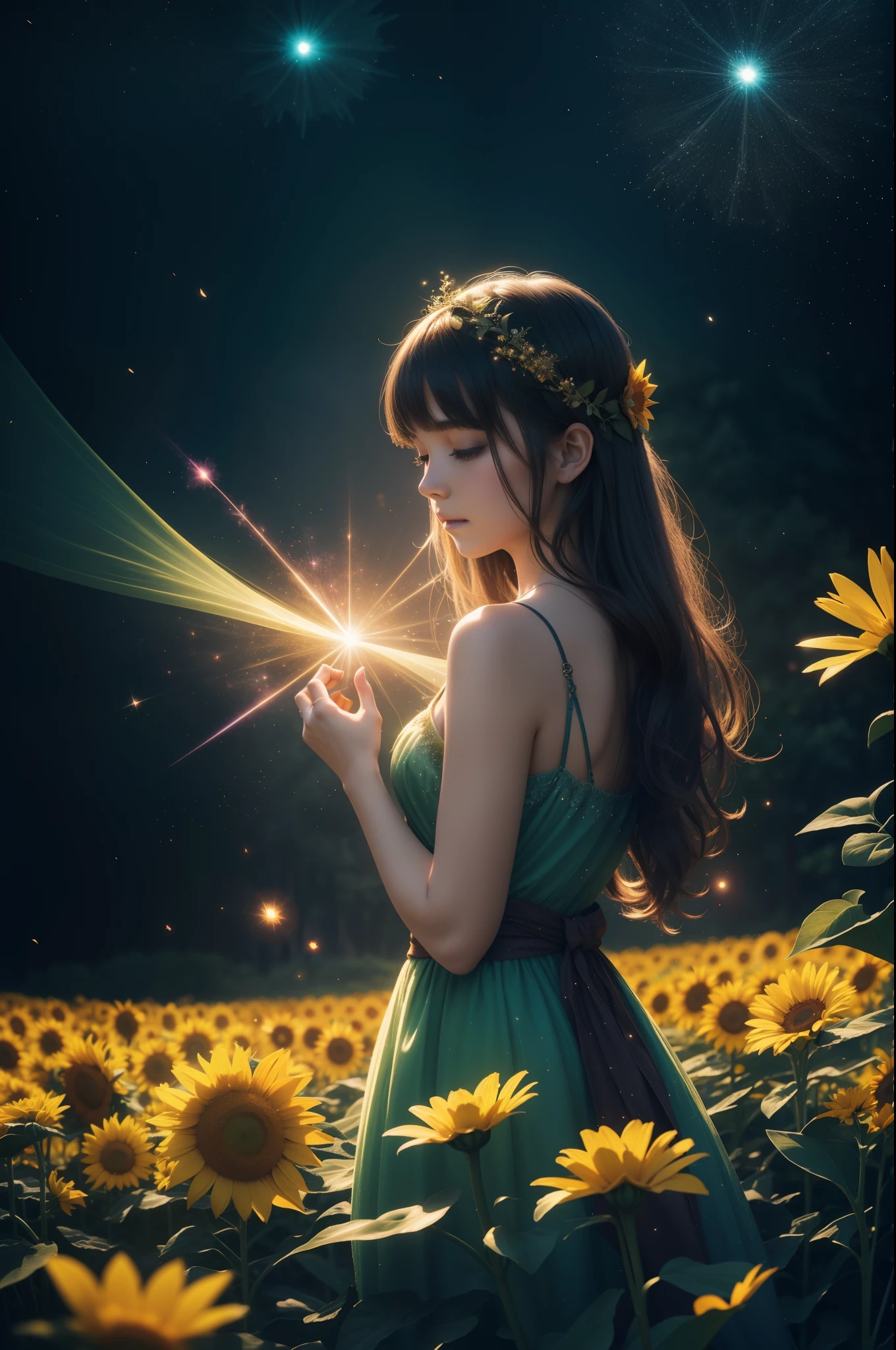 1girls, solo, a little fairy in sun flower, fantasy, fantasy fairy, 8k, photography, dark background, ((particle FVX background, light particle FVX))