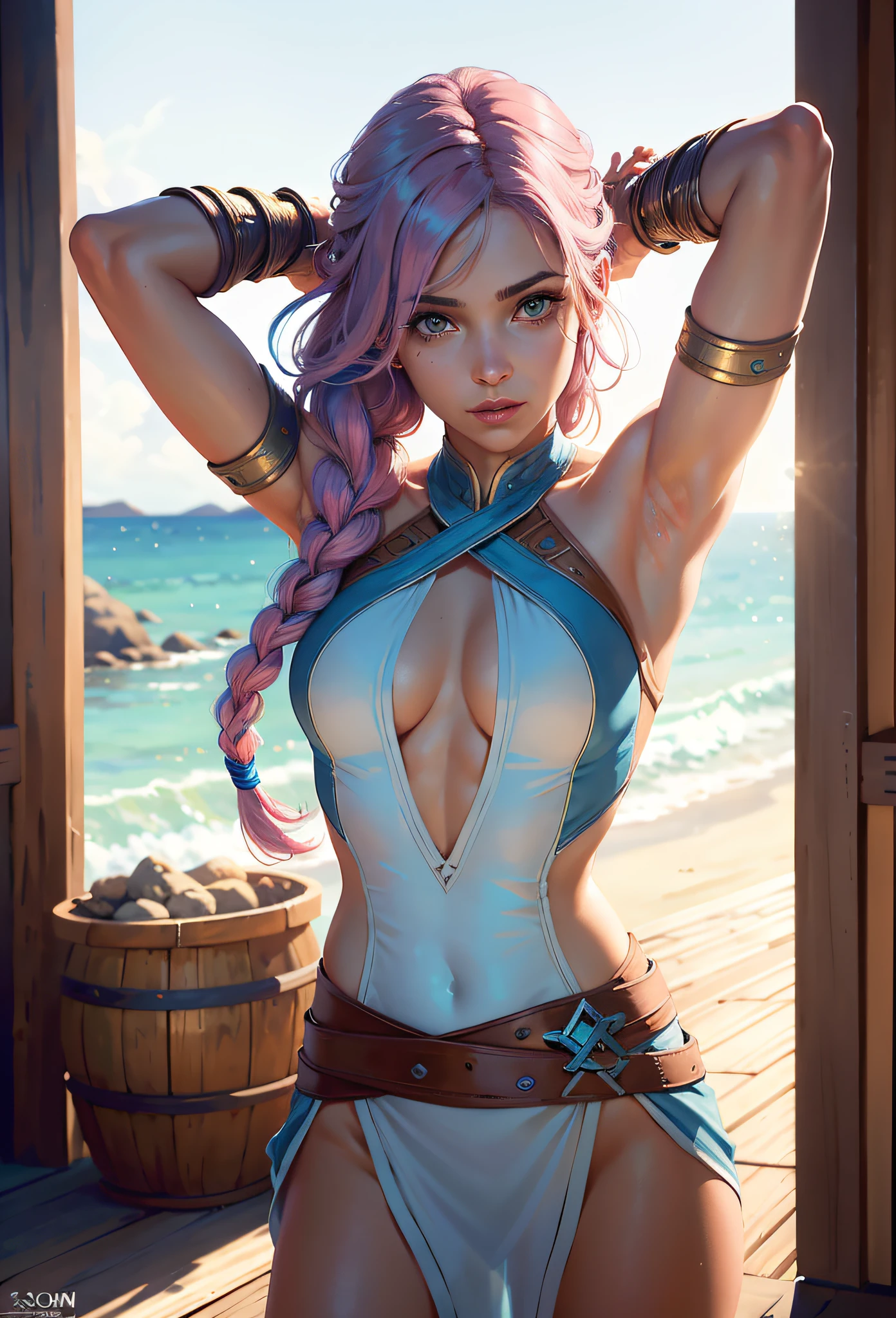 Solo, Kassandra (from assassin's creed oyssey, 1female, strong toned abs, braided long blue and pink hair, brown eyes, light brown skin, Greek) wearing a one-piece sheer white swimsuit, arms up, armpit. ((masterpiece), best quality, ultra high resolution) firm nipples